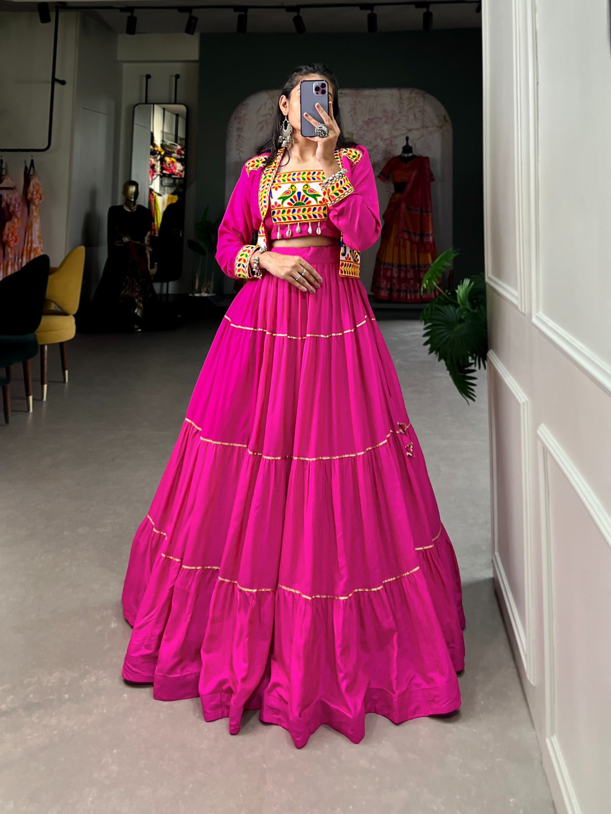 Womenline Pink Color Pure Rayon Gamthi Navratri Lehenga Choli