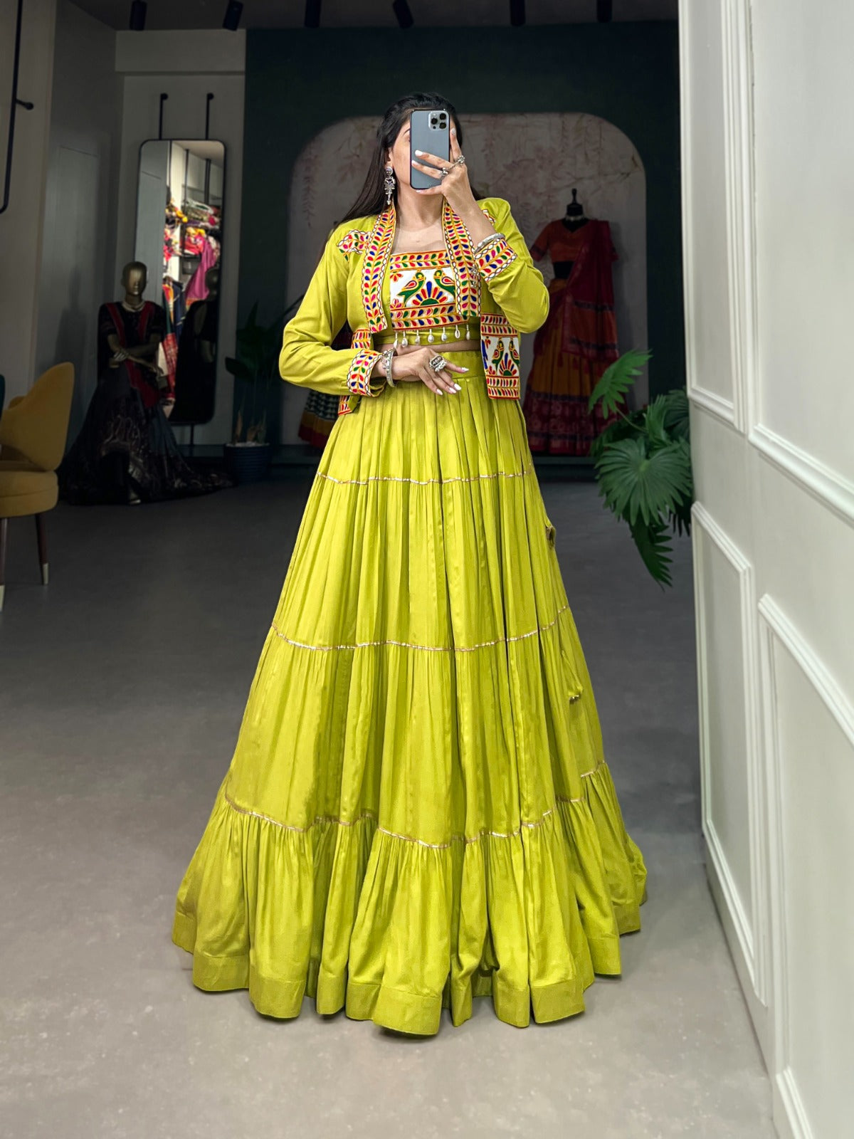 Womenline Parrot Green Color Pure Rayon Gamthi Navratri Lehenga Choli