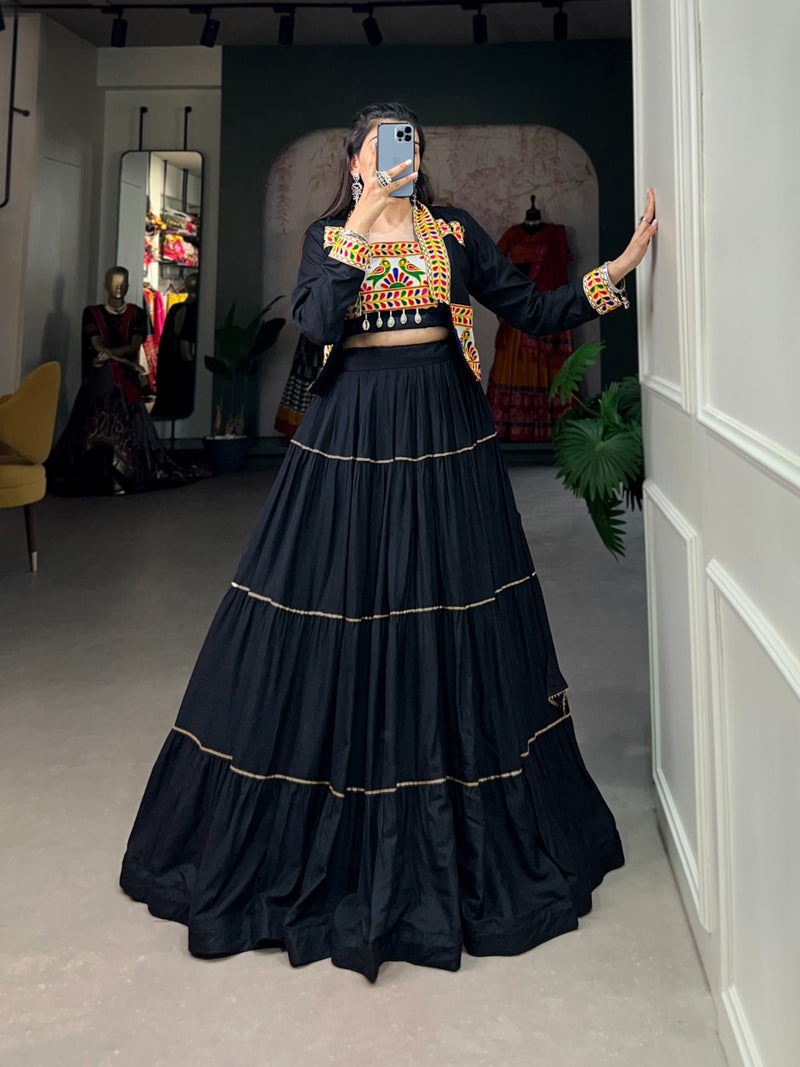 Womenline Black Color Pure Rayon Gamthi Navratri Lehenga Choli