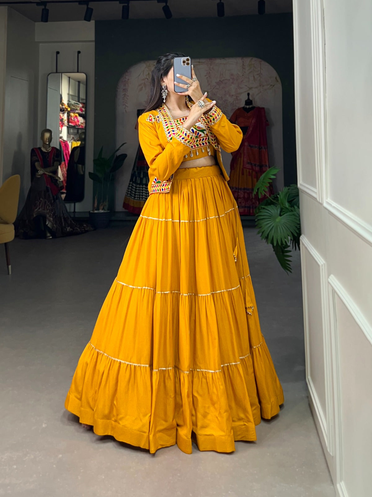 Womenline Mustard Color Pure Rayon Gamthi Navratri Lehenga Choli
