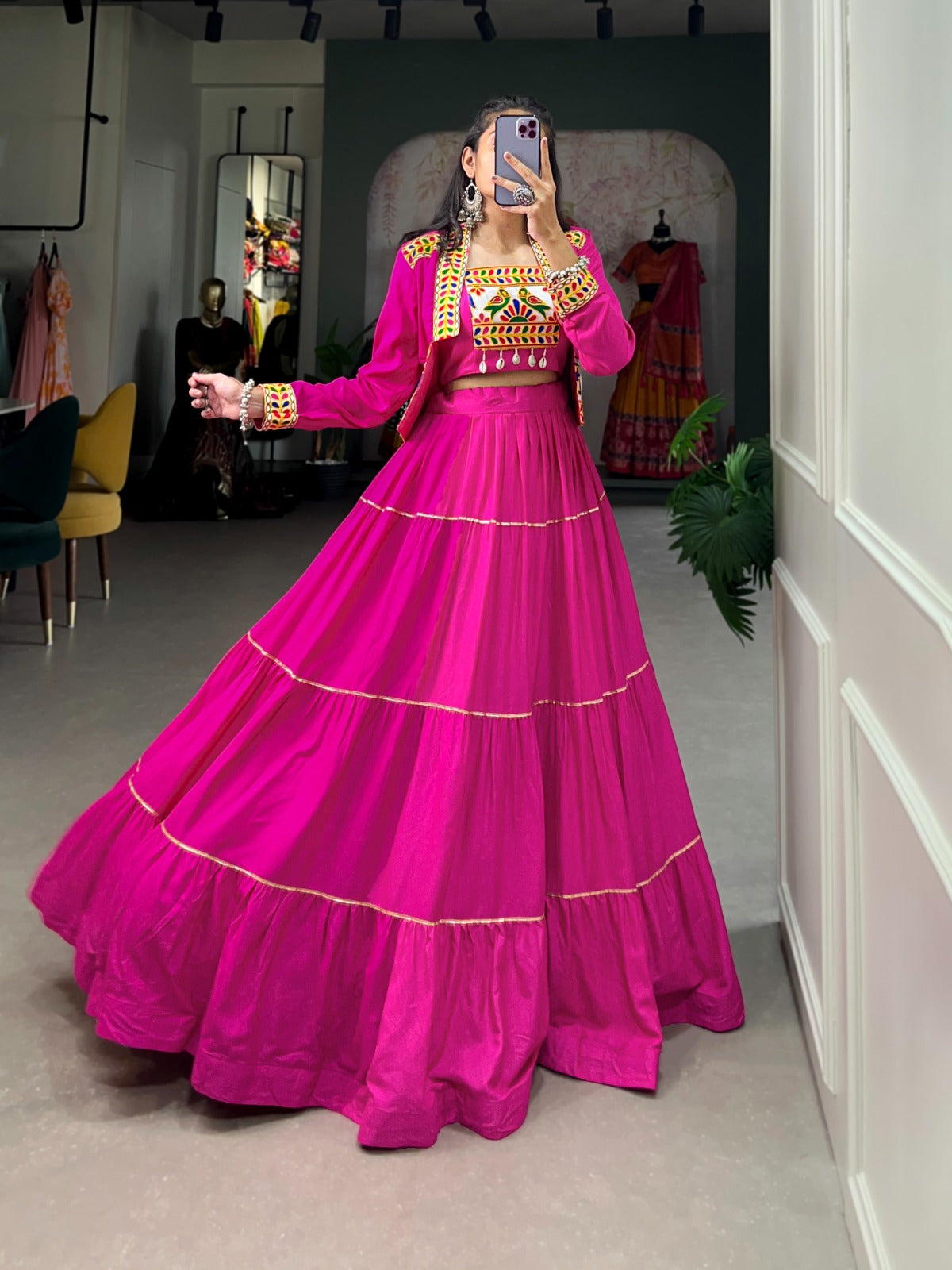 Womenline Pink Color Pure Rayon Gamthi Navratri Lehenga Choli