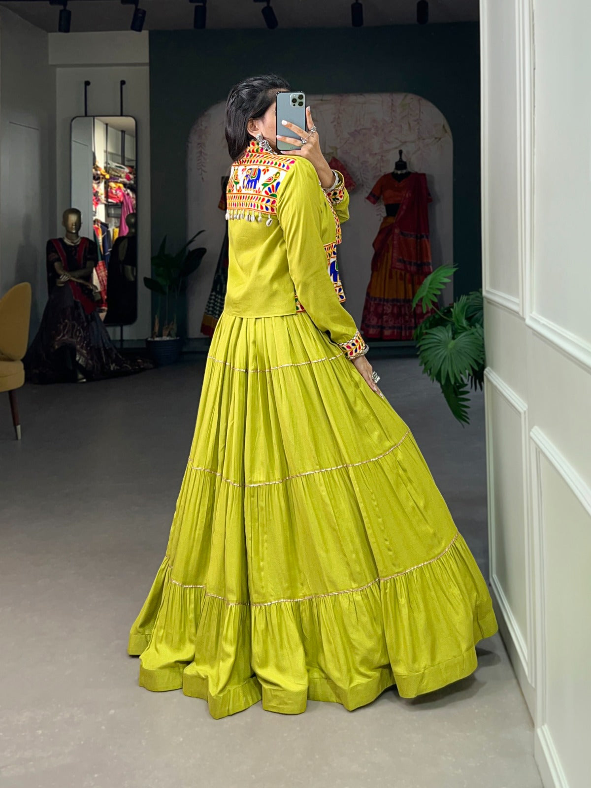 Womenline Parrot Green Color Pure Rayon Gamthi Navratri Lehenga Choli