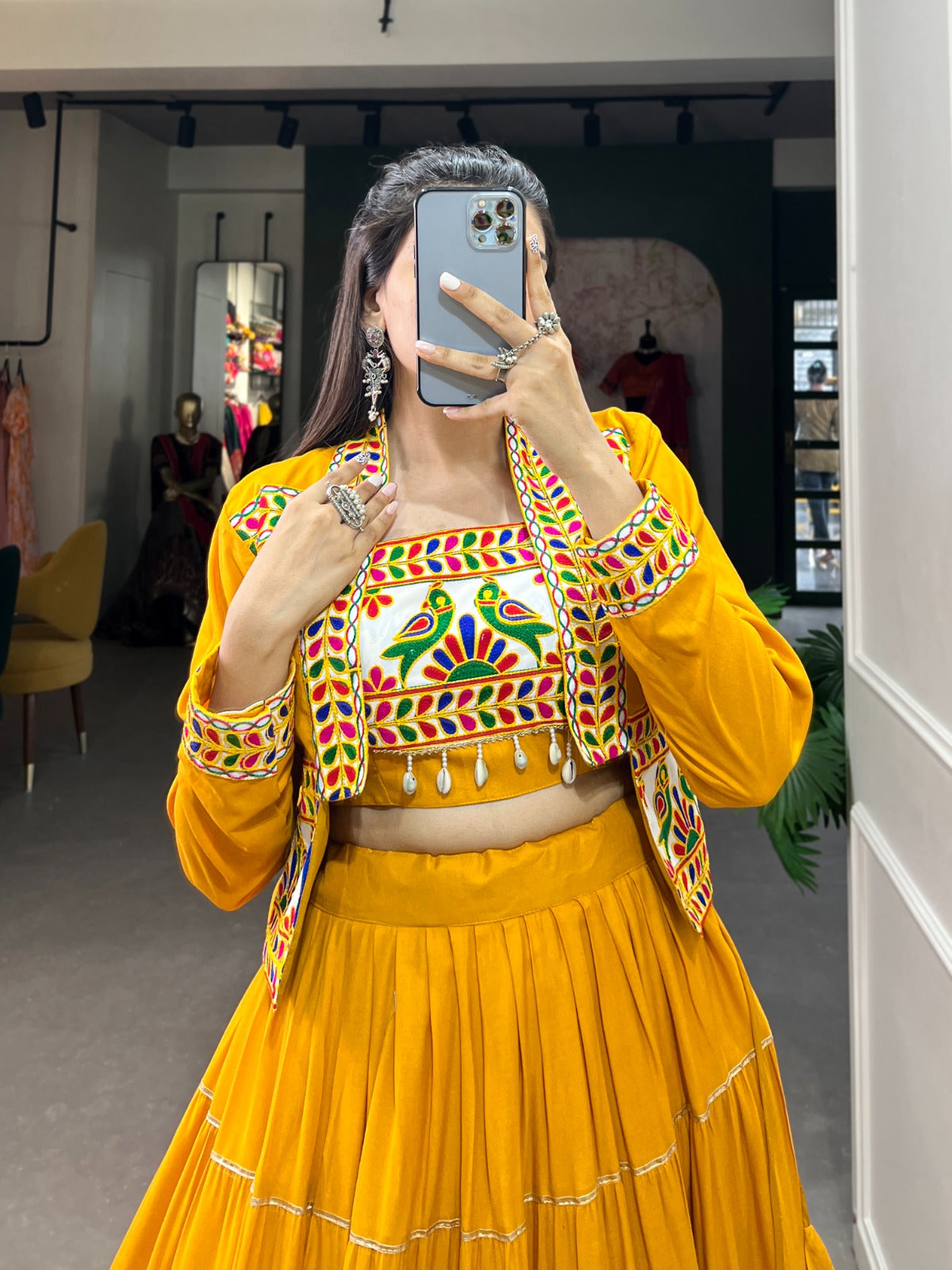 Womenline Mustard Color Pure Rayon Gamthi Navratri Lehenga Choli