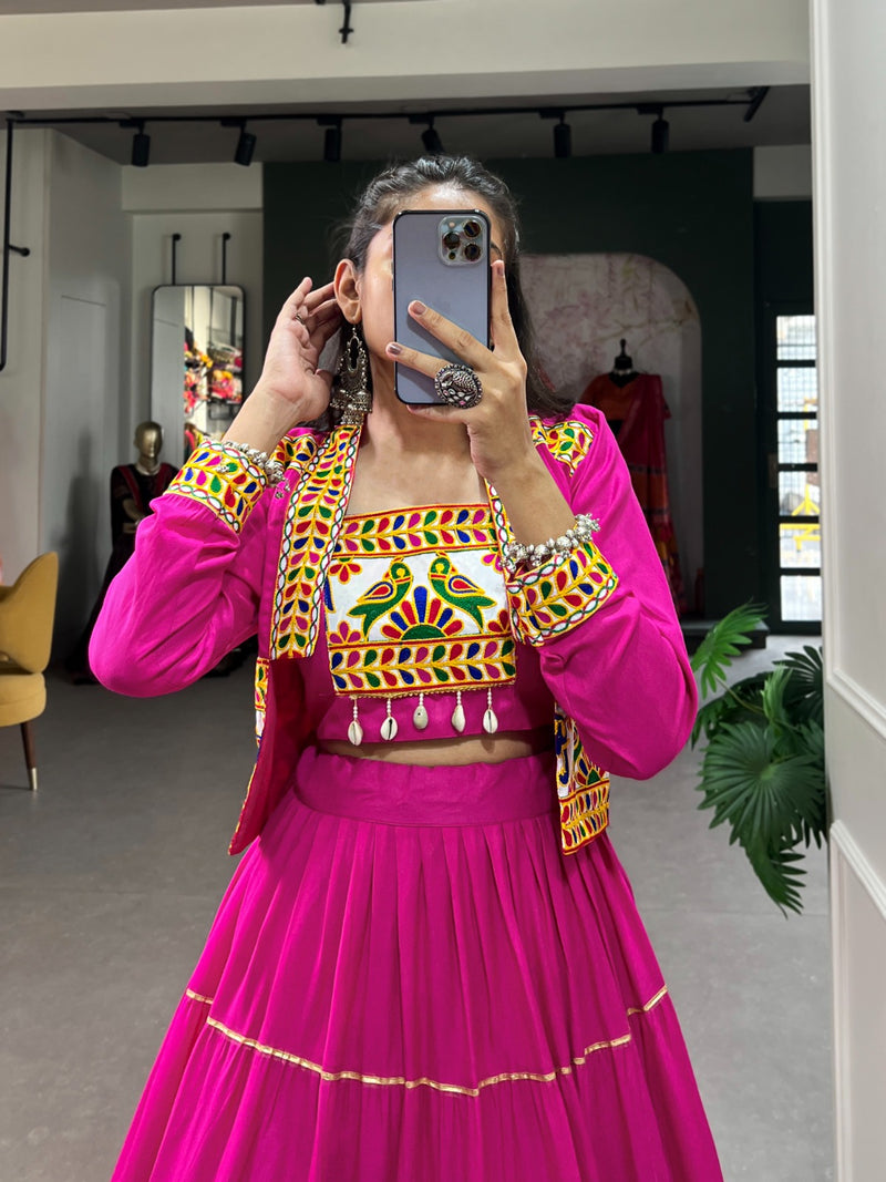 Womenline Pink Color Pure Rayon Gamthi Navratri Lehenga Choli