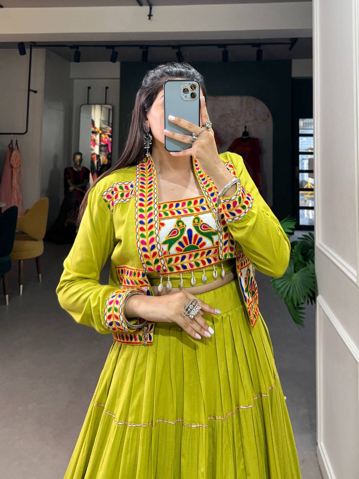 Womenline Parrot Green Color Pure Rayon Gamthi Navratri Lehenga Choli