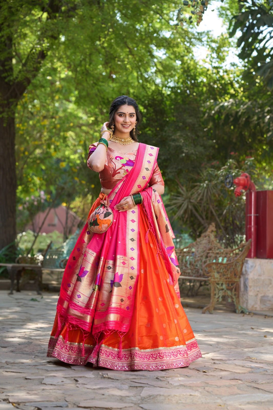 Womenline Orange Color Jacquard Silk Lehenga