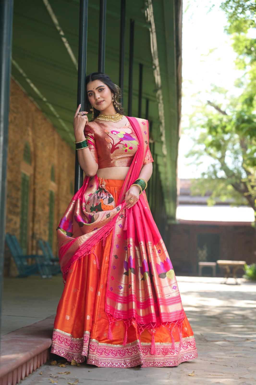 Womenline Orange Color Jacquard Silk Lehenga