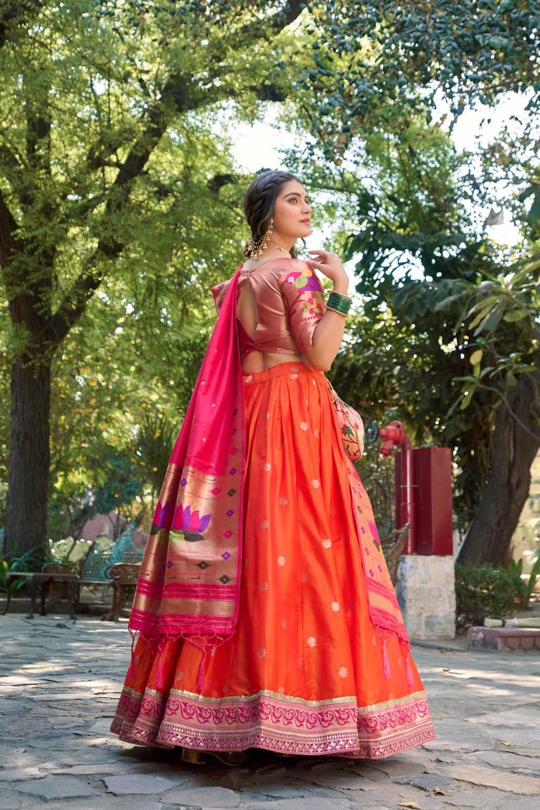 Womenline Orange Color Jacquard Silk Lehenga