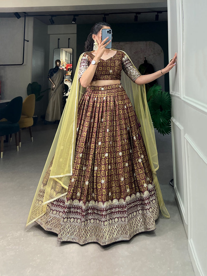 Womenline Brown Color Chinon Lehenga Choli