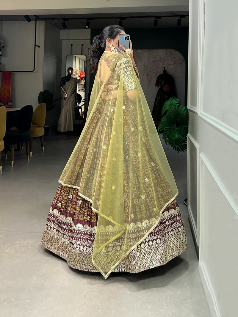 Womenline Brown Color Chinon Lehenga Choli