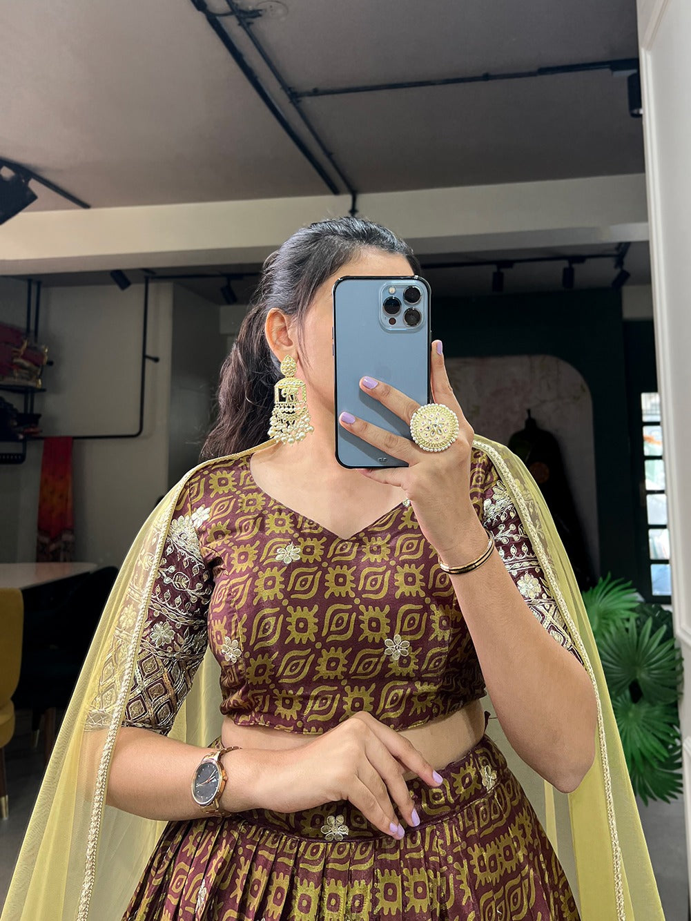 Womenline Brown Color Chinon Lehenga Choli