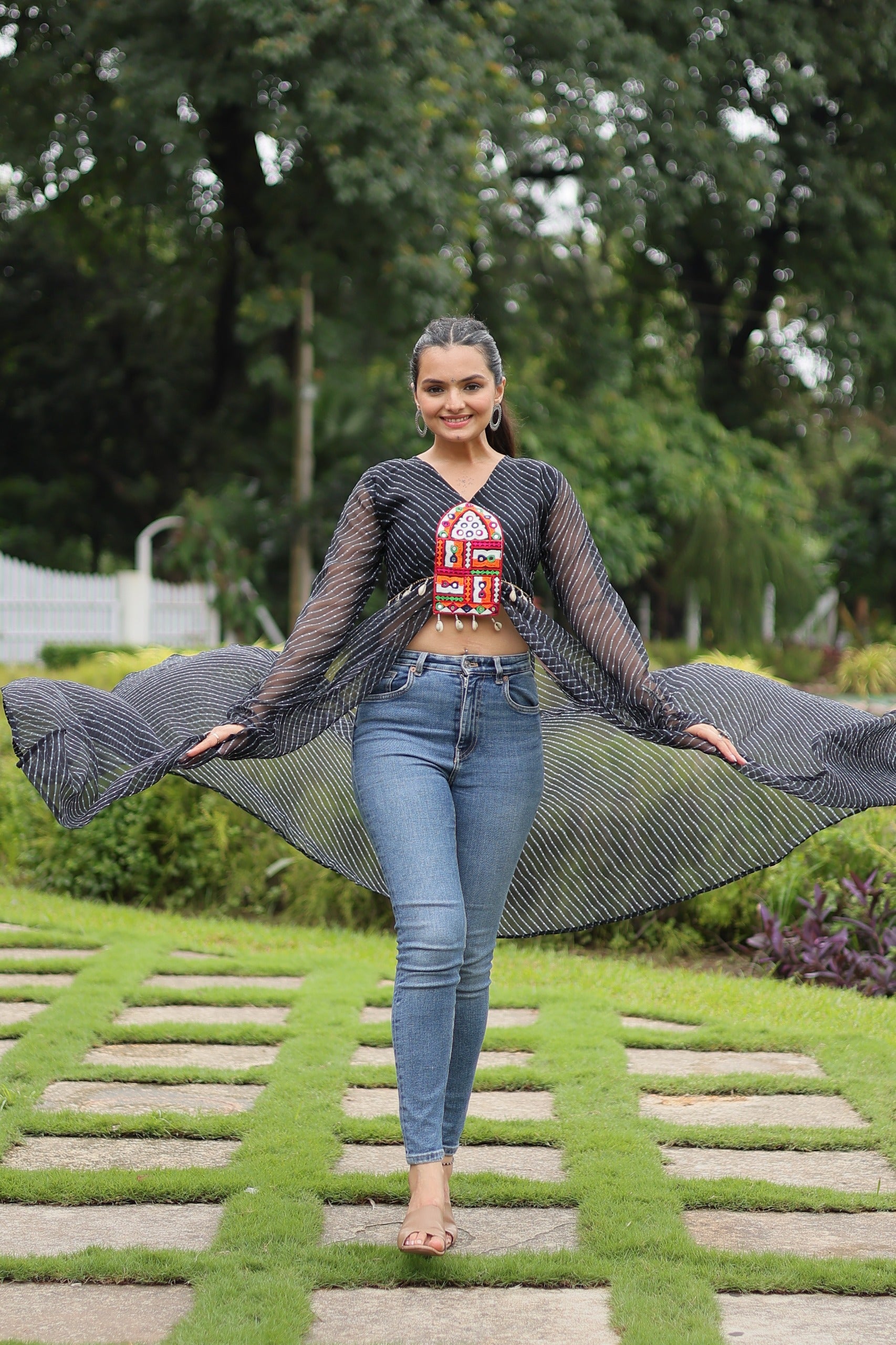 Womenline Black Color Faux Georgette Navratri Kurti