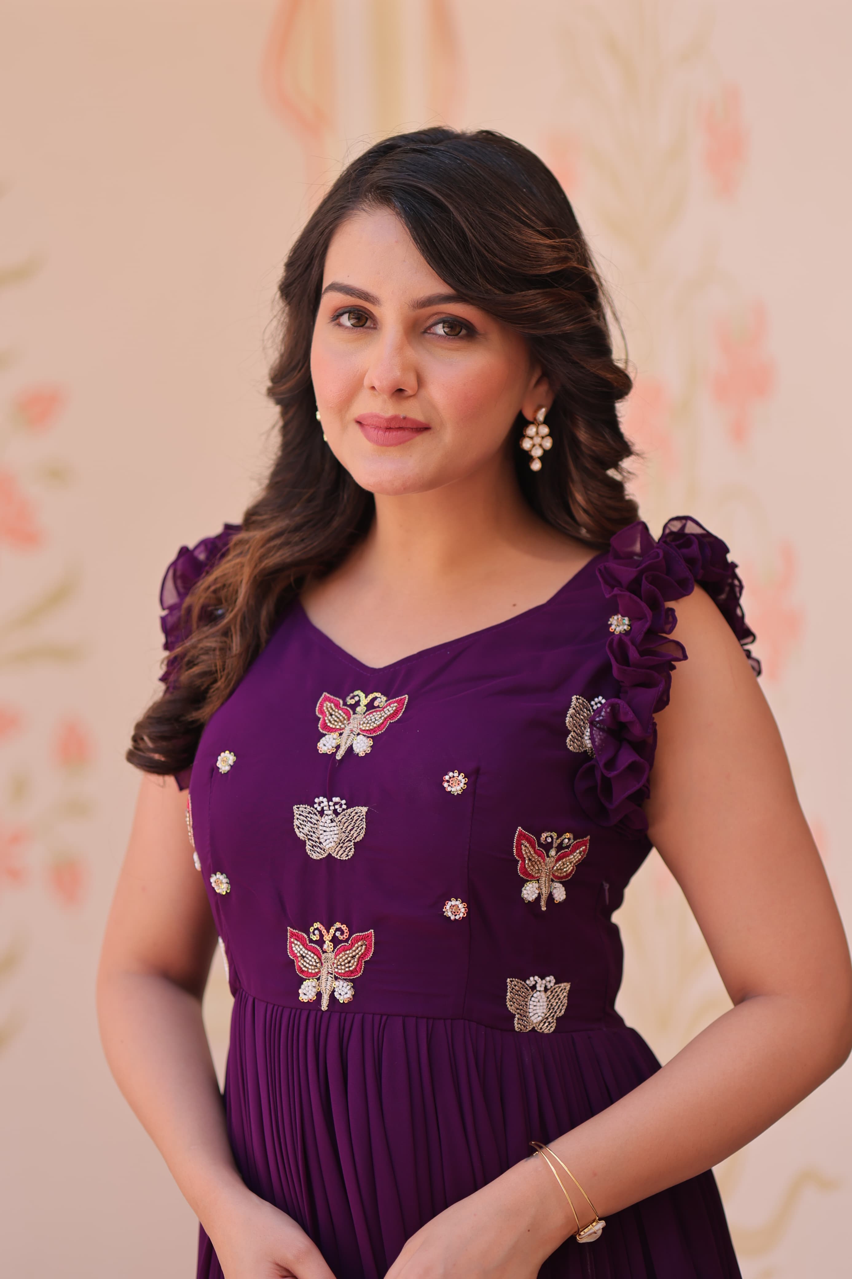 Womenline Wine Color Faux Blooming Embroidered work Gown