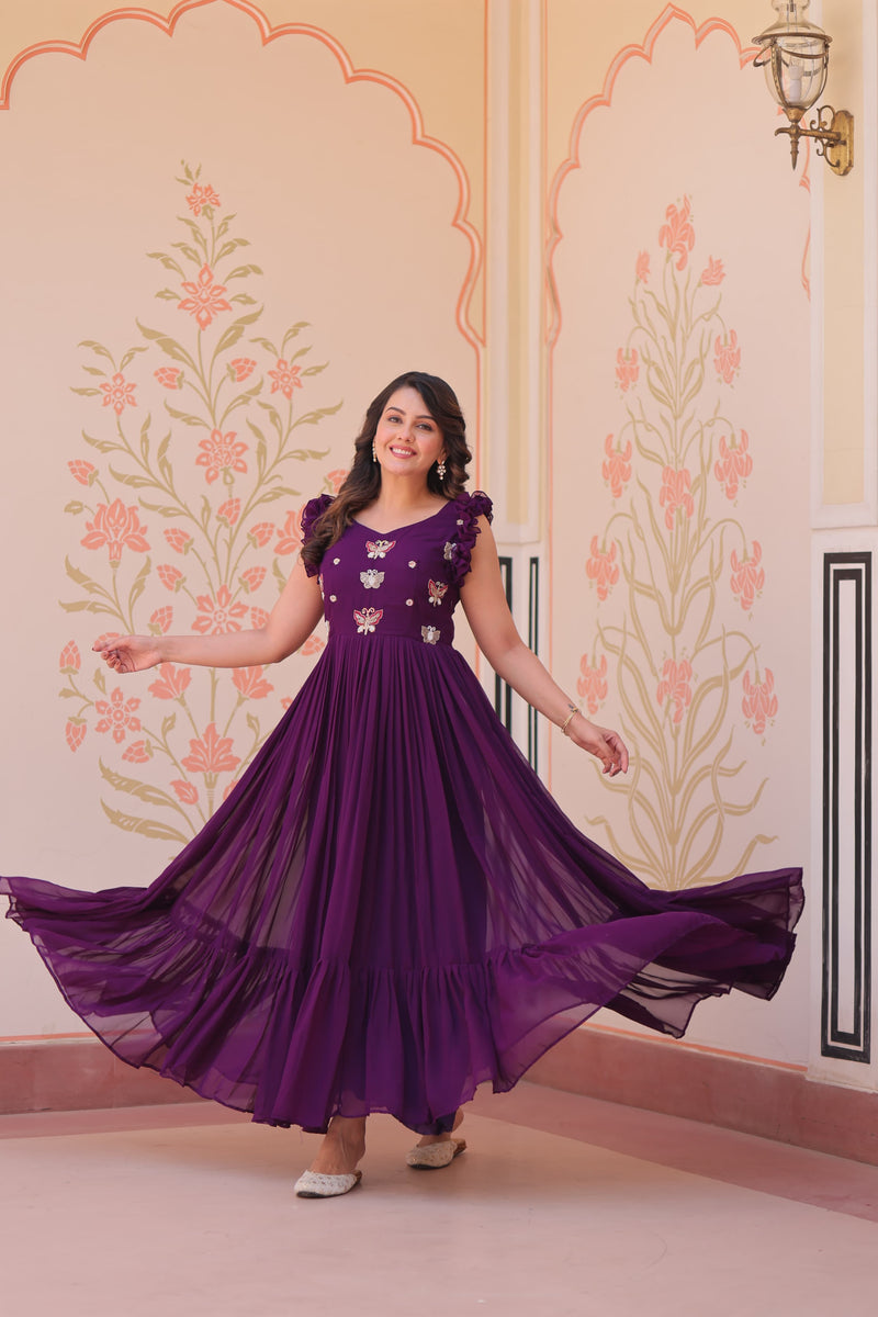 Womenline Wine Color Faux Blooming Embroidered work Gown