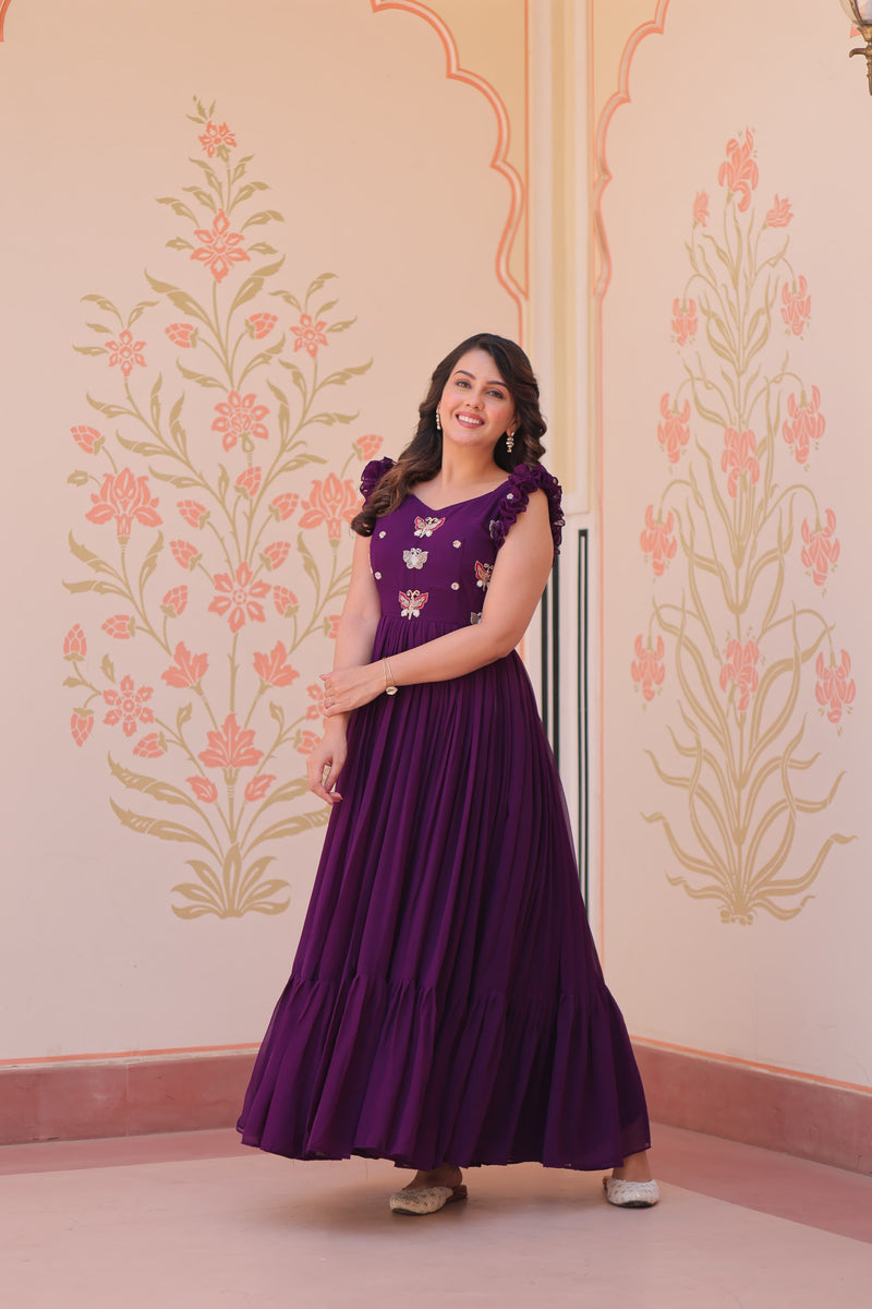Womenline Wine Color Faux Blooming Embroidered work Gown