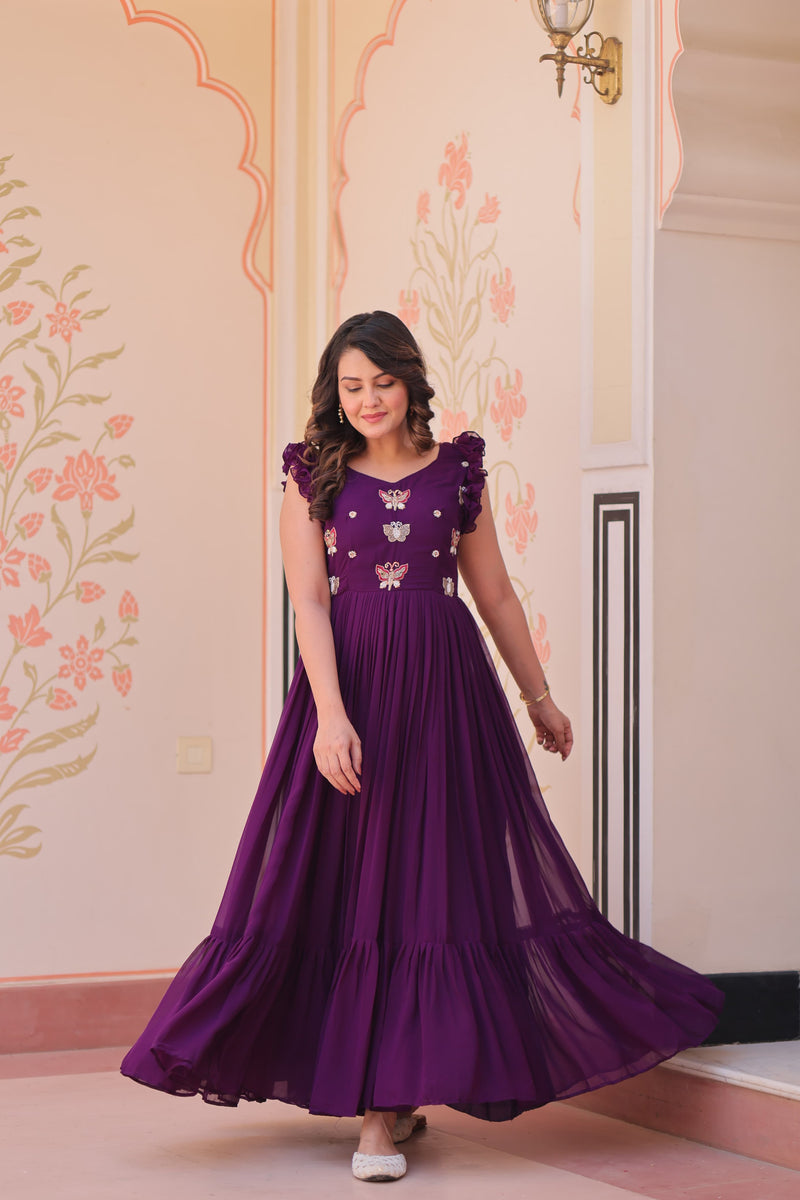 Womenline Wine Color Faux Blooming Embroidered work Gown