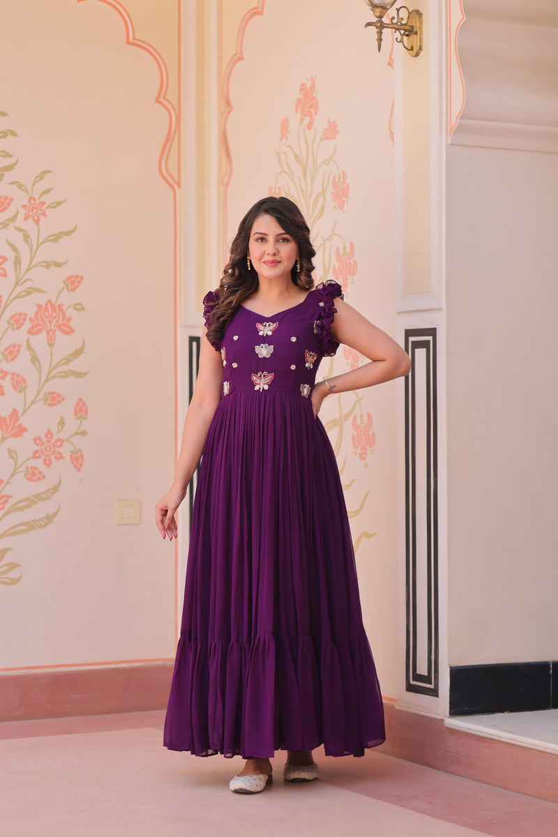 Womenline Wine Color Faux Blooming Embroidered work Gown