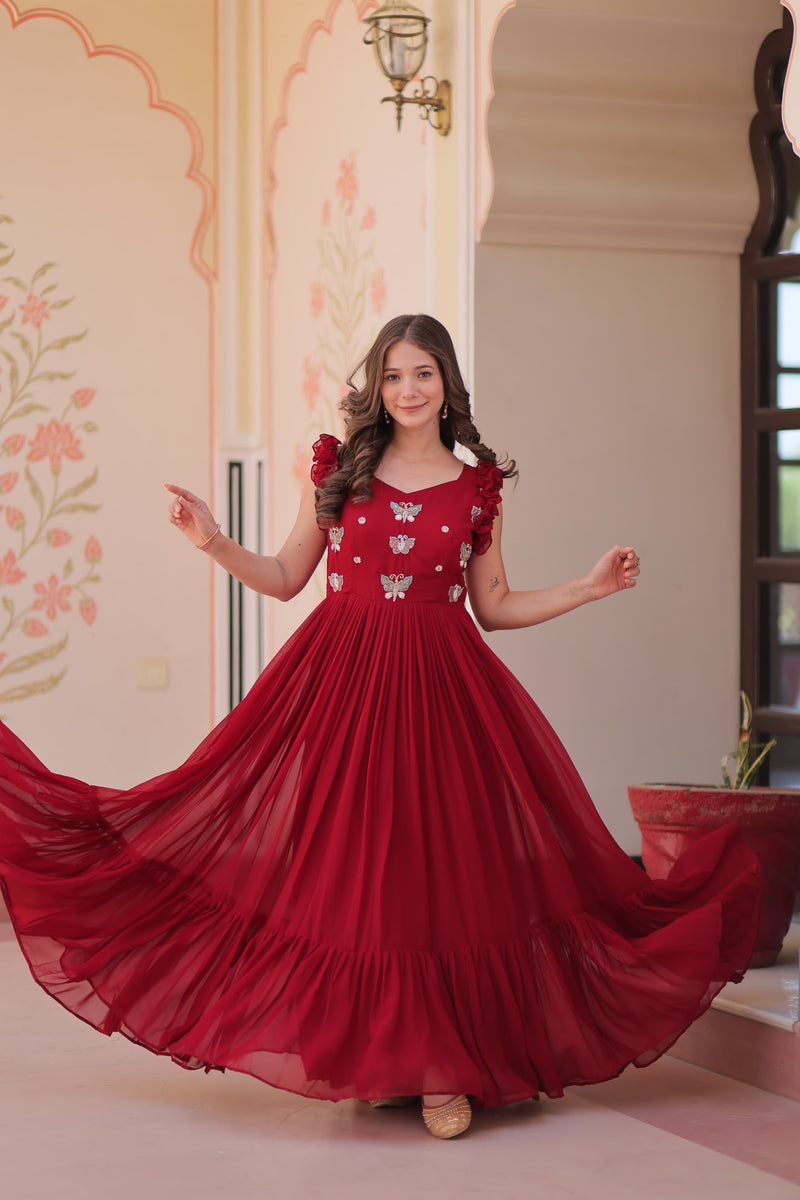 Womenline Red Color Faux Blooming Embroidered work Gown
