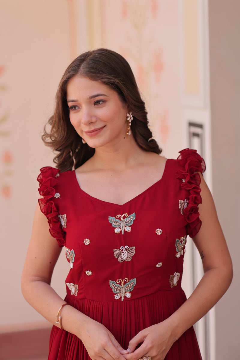 Womenline Red Color Faux Blooming Embroidered work Gown