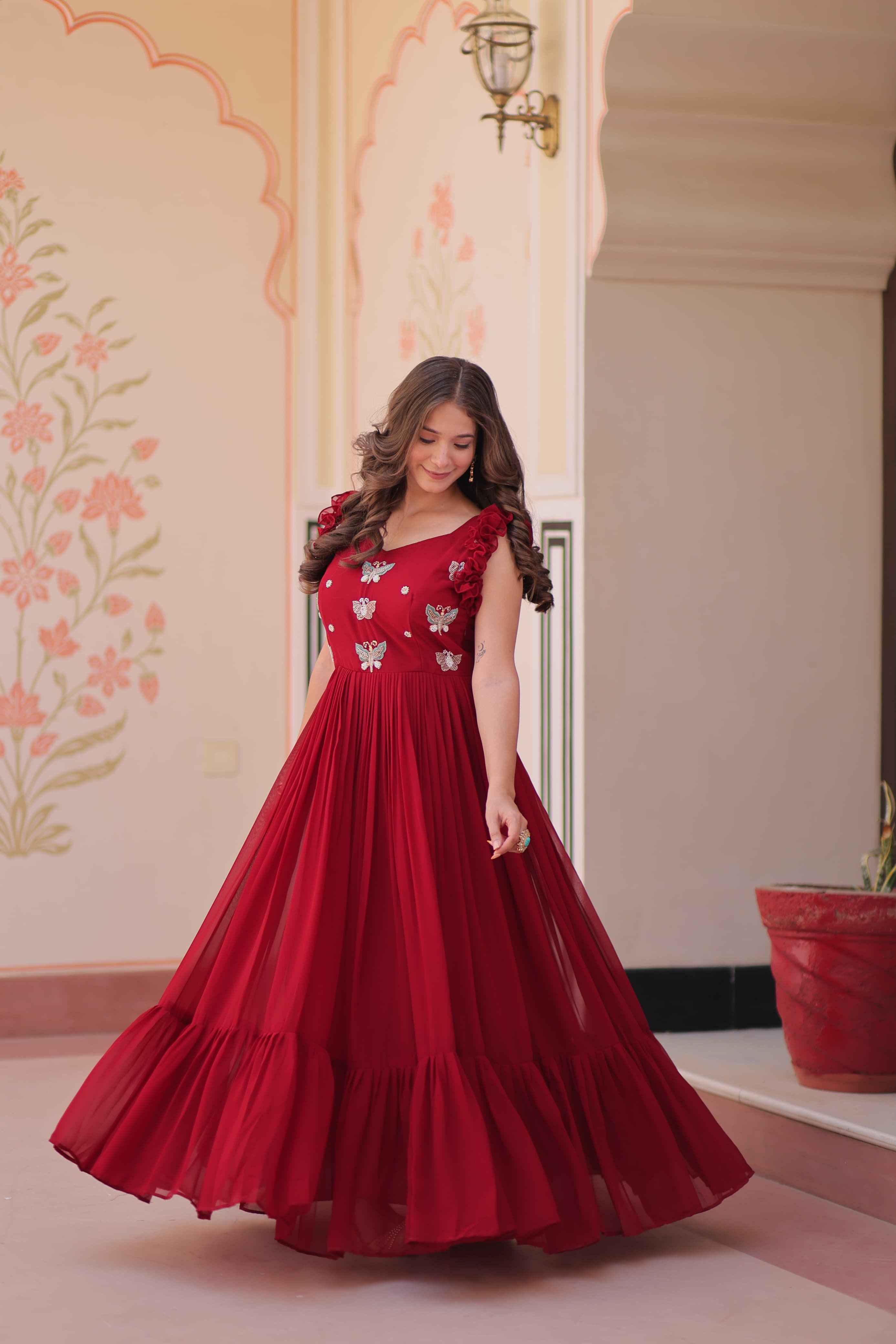 Womenline Red Color Faux Blooming Embroidered work Gown