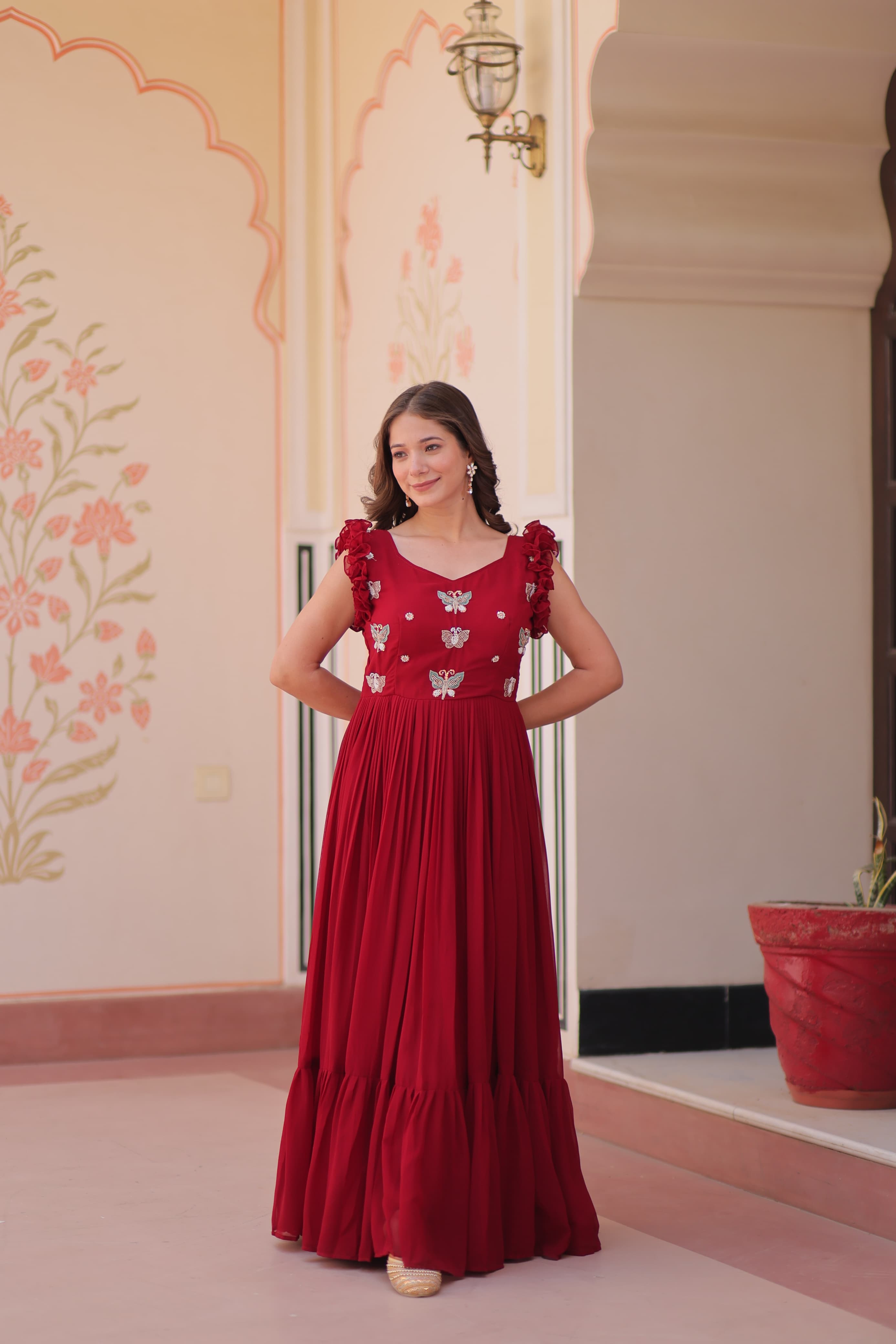 Womenline Red Color Faux Blooming Embroidered work Gown