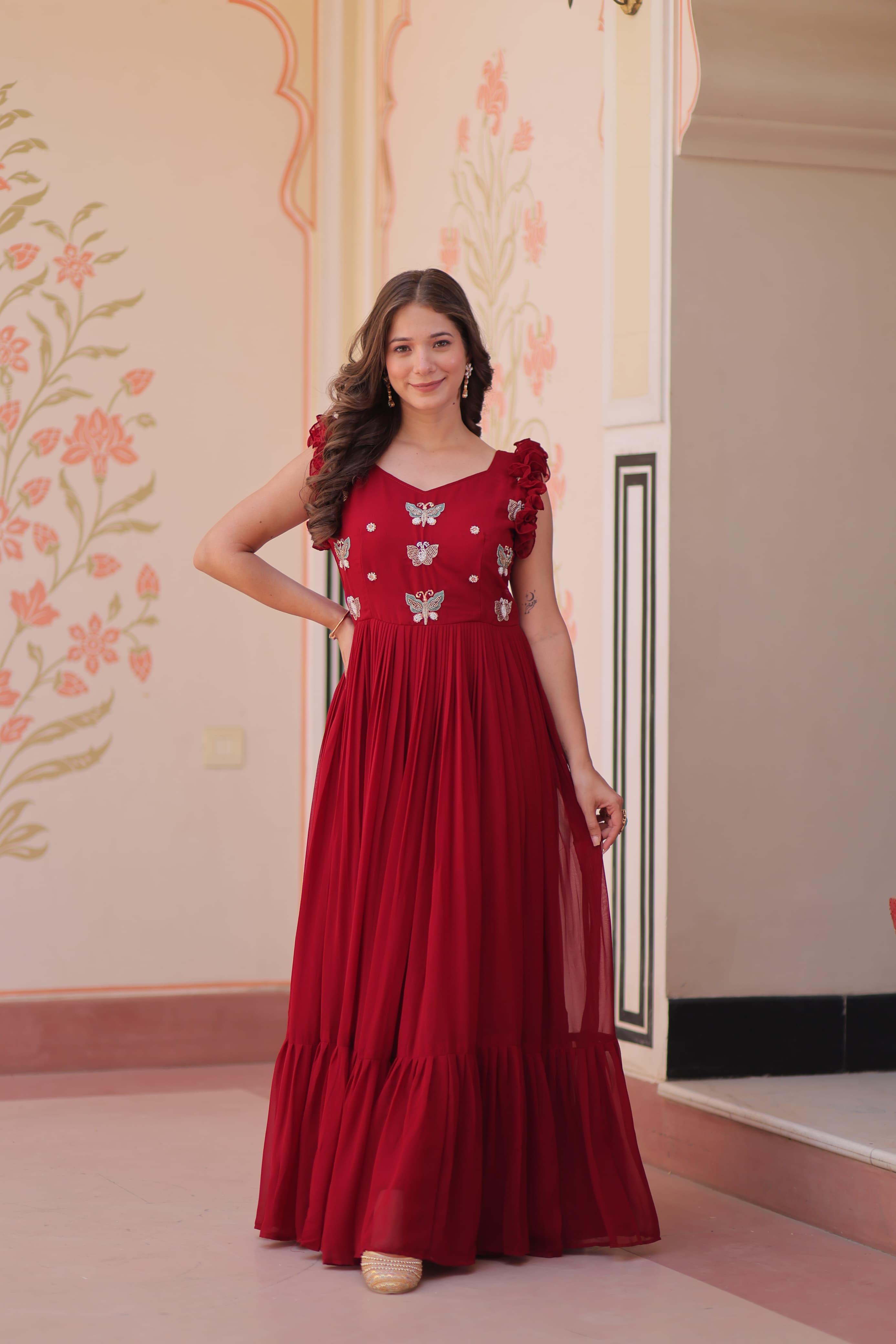 Womenline Red Color Faux Blooming Embroidered work Gown