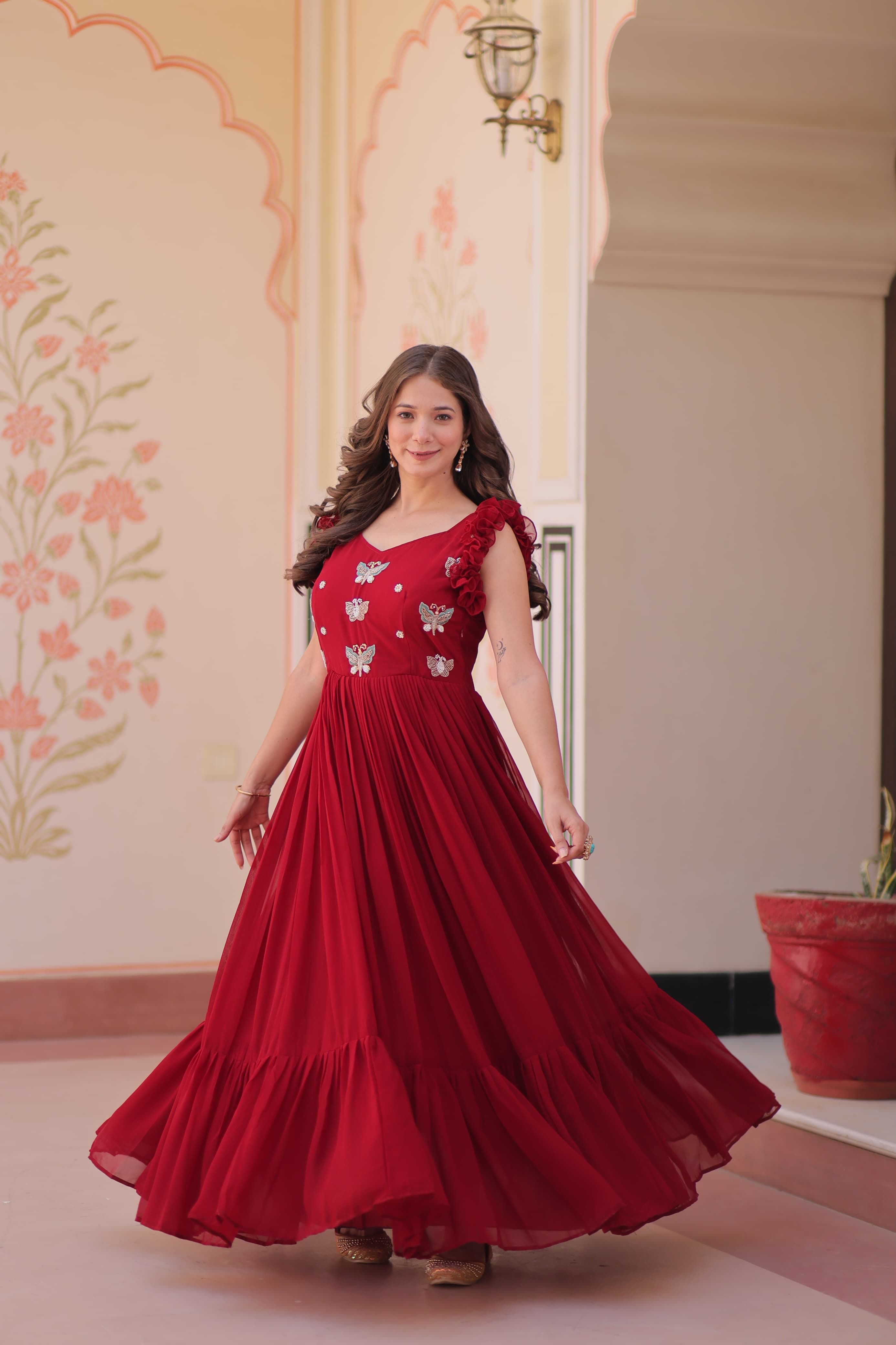 Womenline Red Color Faux Blooming Embroidered work Gown