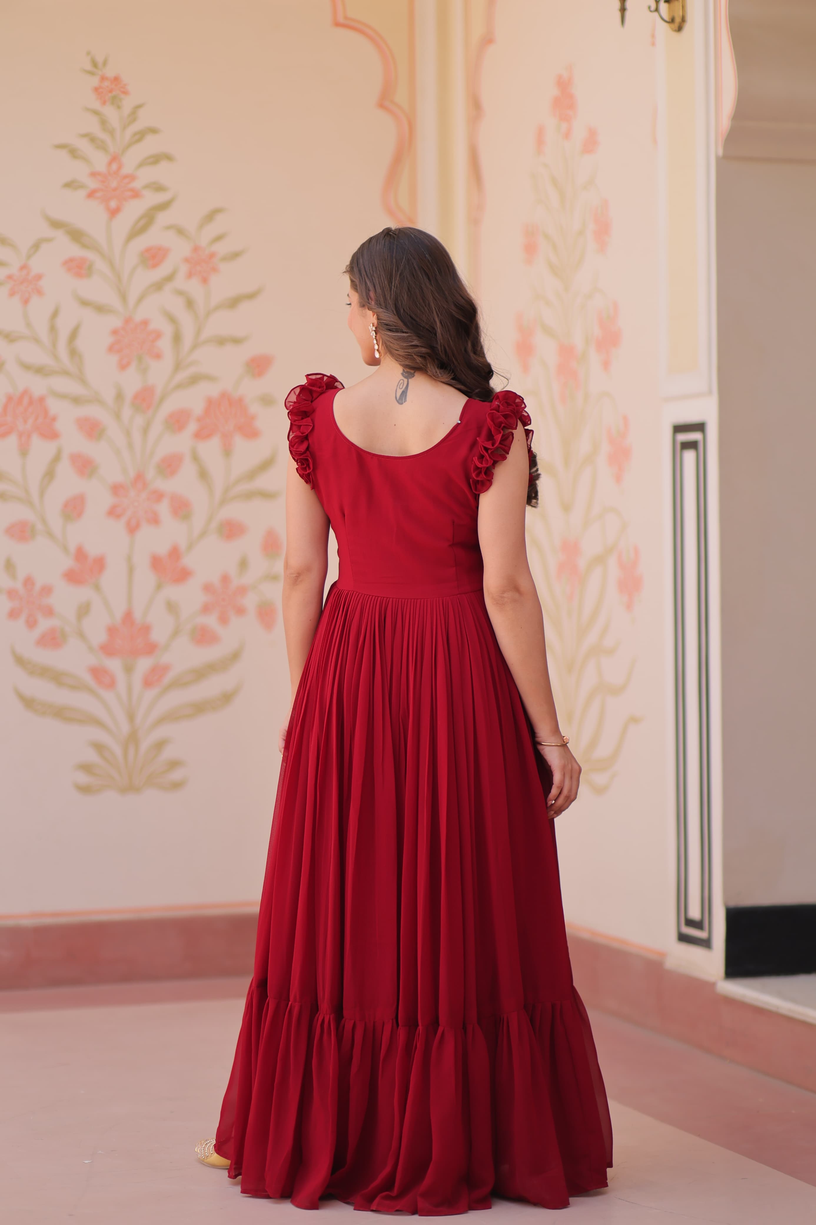 Womenline Red Color Faux Blooming Embroidered work Gown