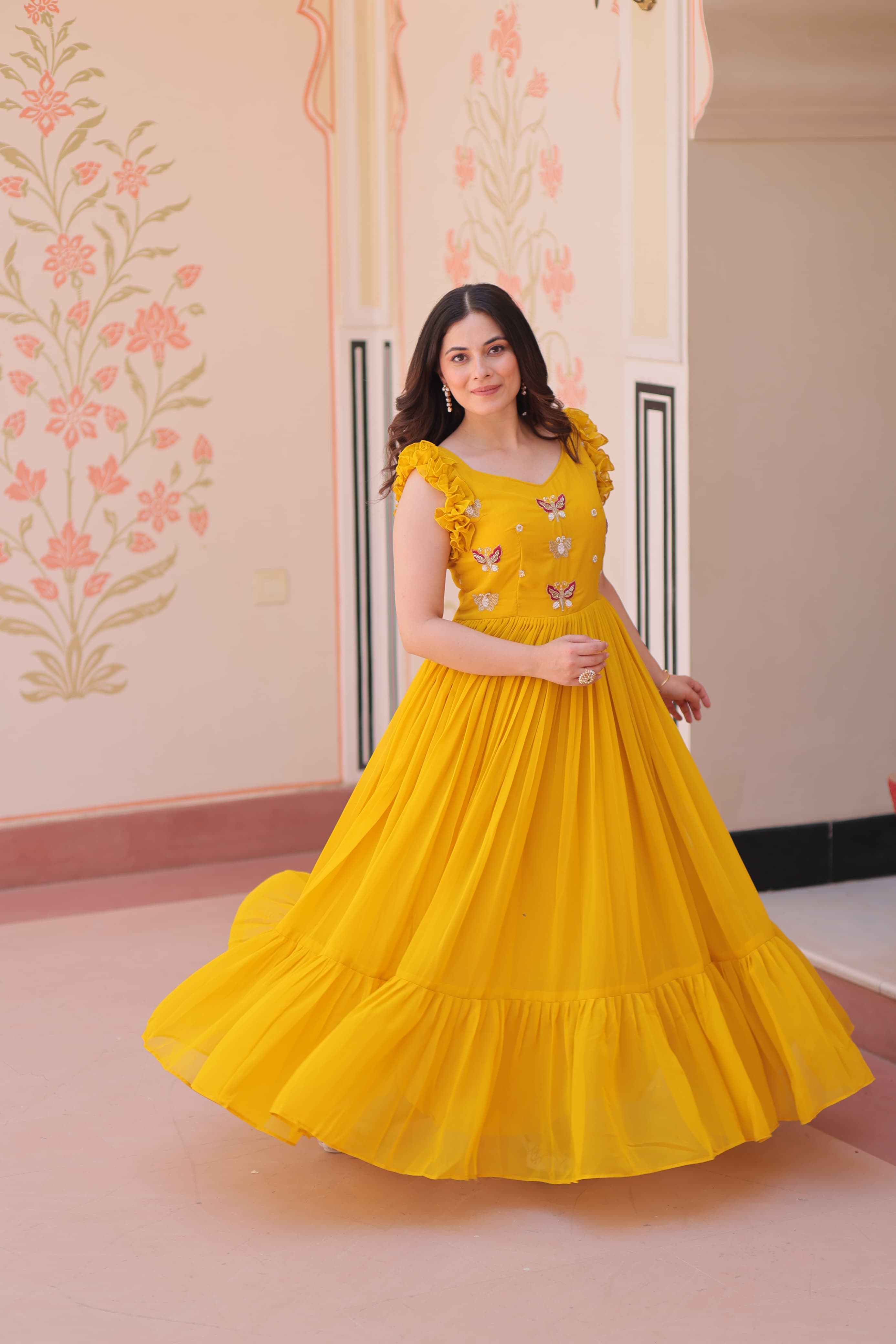 Womenline Yellow Color Faux Blooming Embroidered work Gown