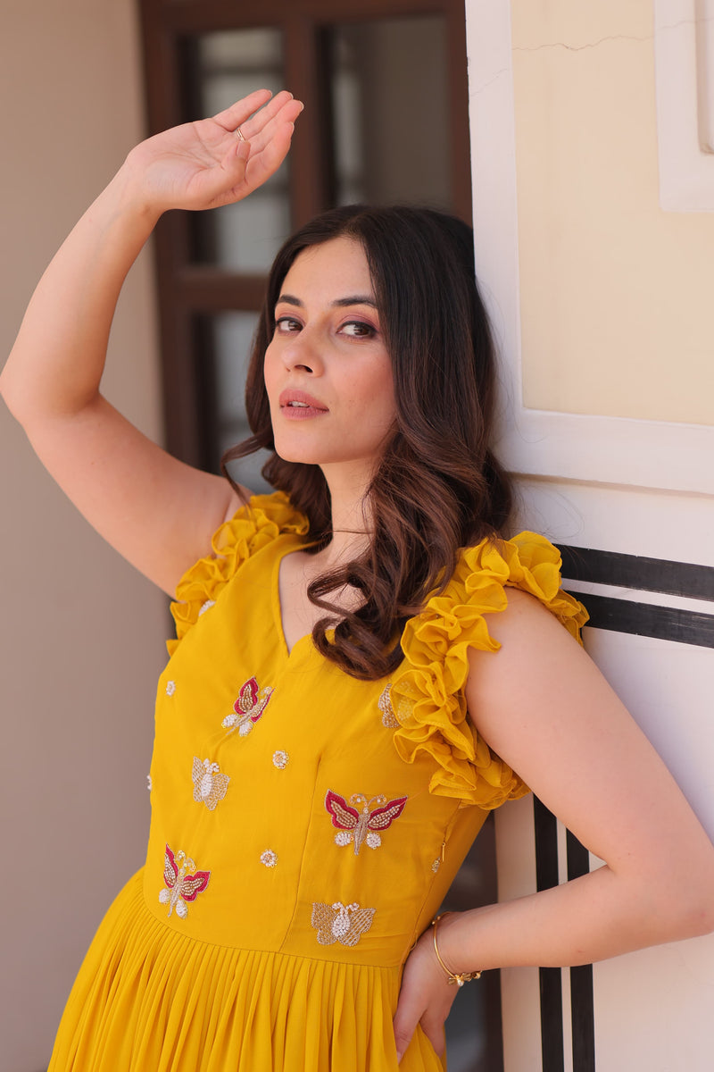 Womenline Yellow Color Faux Blooming Embroidered work Gown