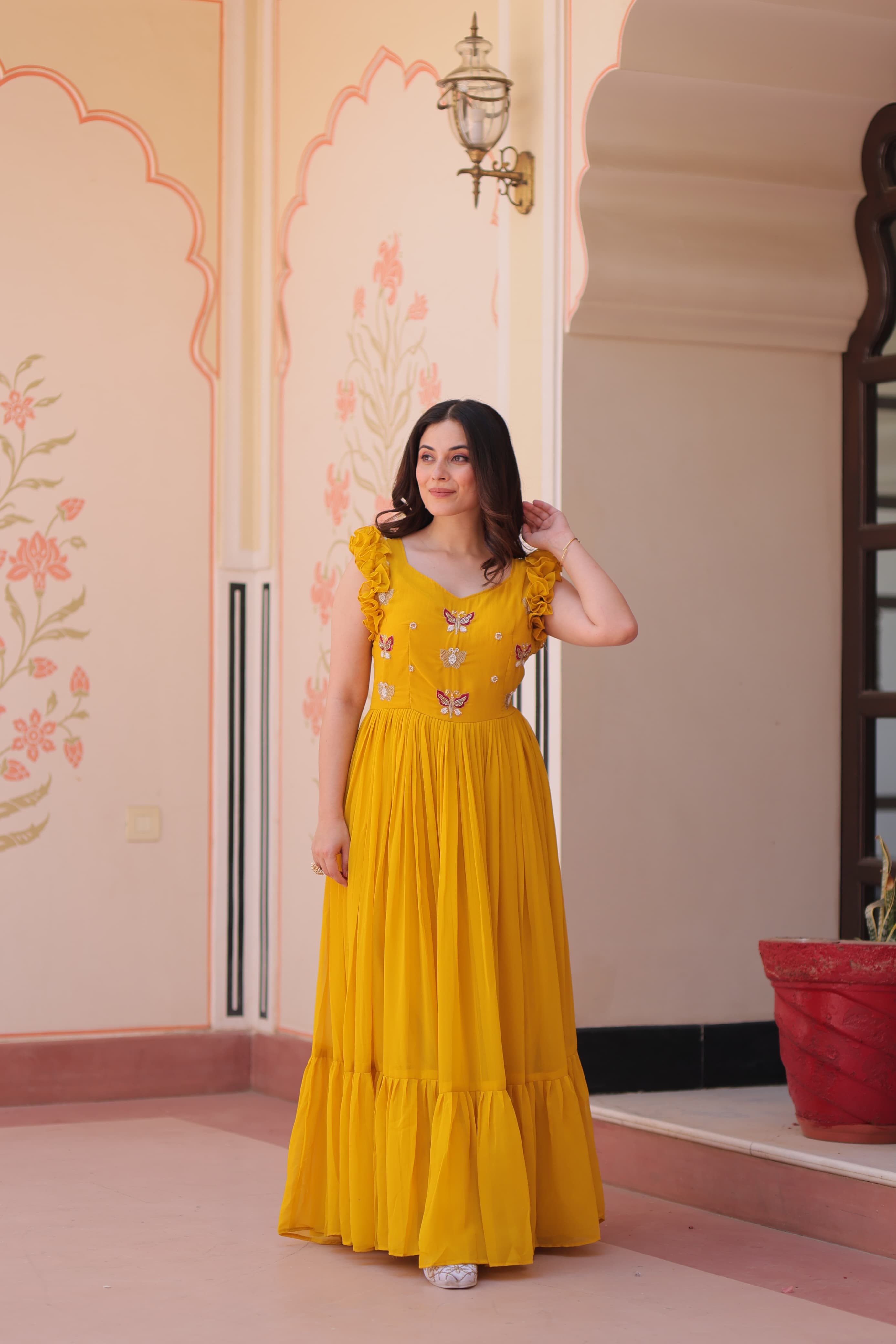 Womenline Yellow Color Faux Blooming Embroidered work Gown