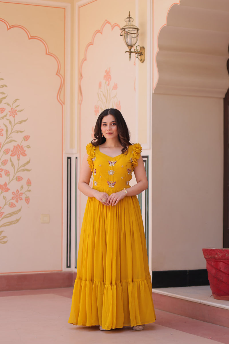 Womenline Yellow Color Faux Blooming Embroidered work Gown