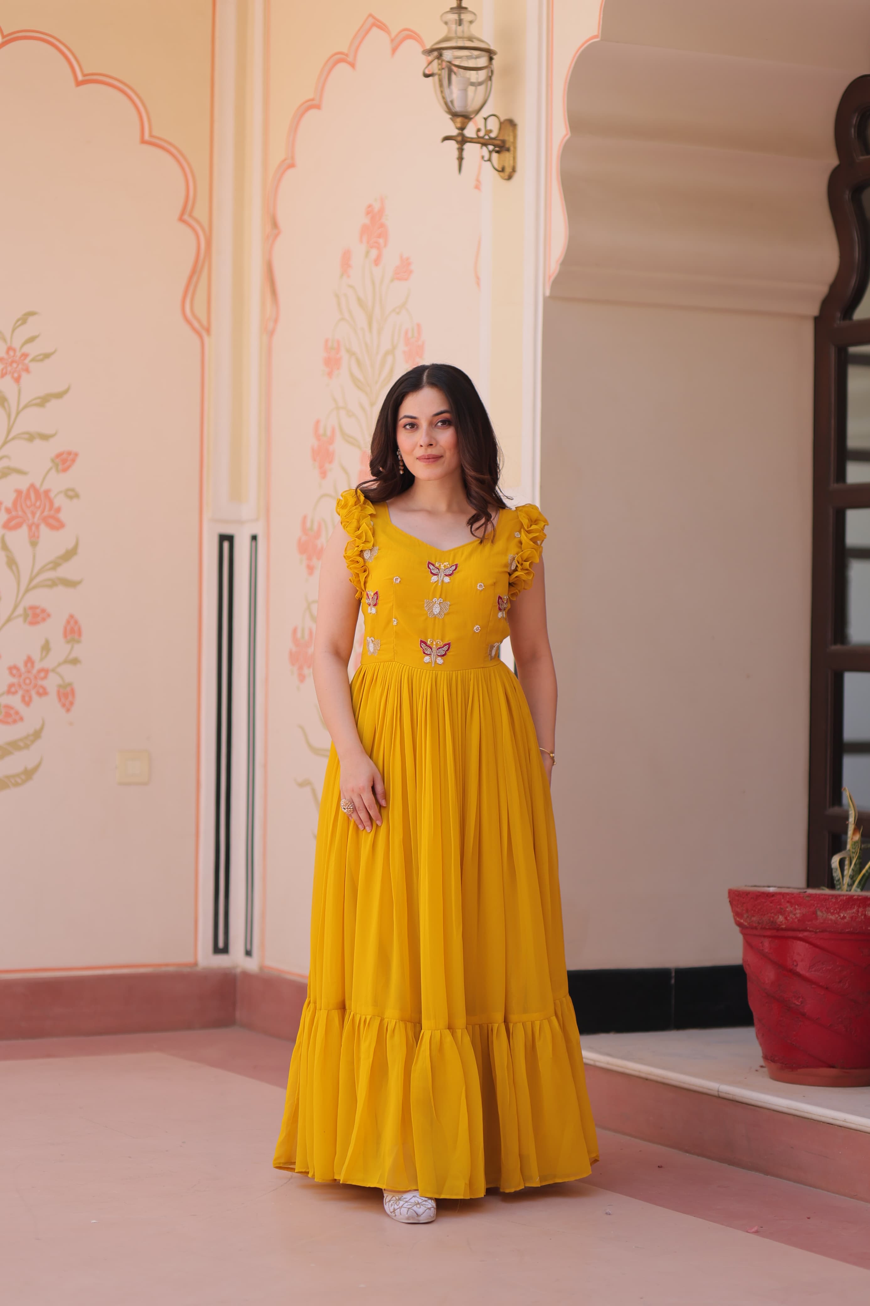 Womenline Yellow Color Faux Blooming Embroidered work Gown