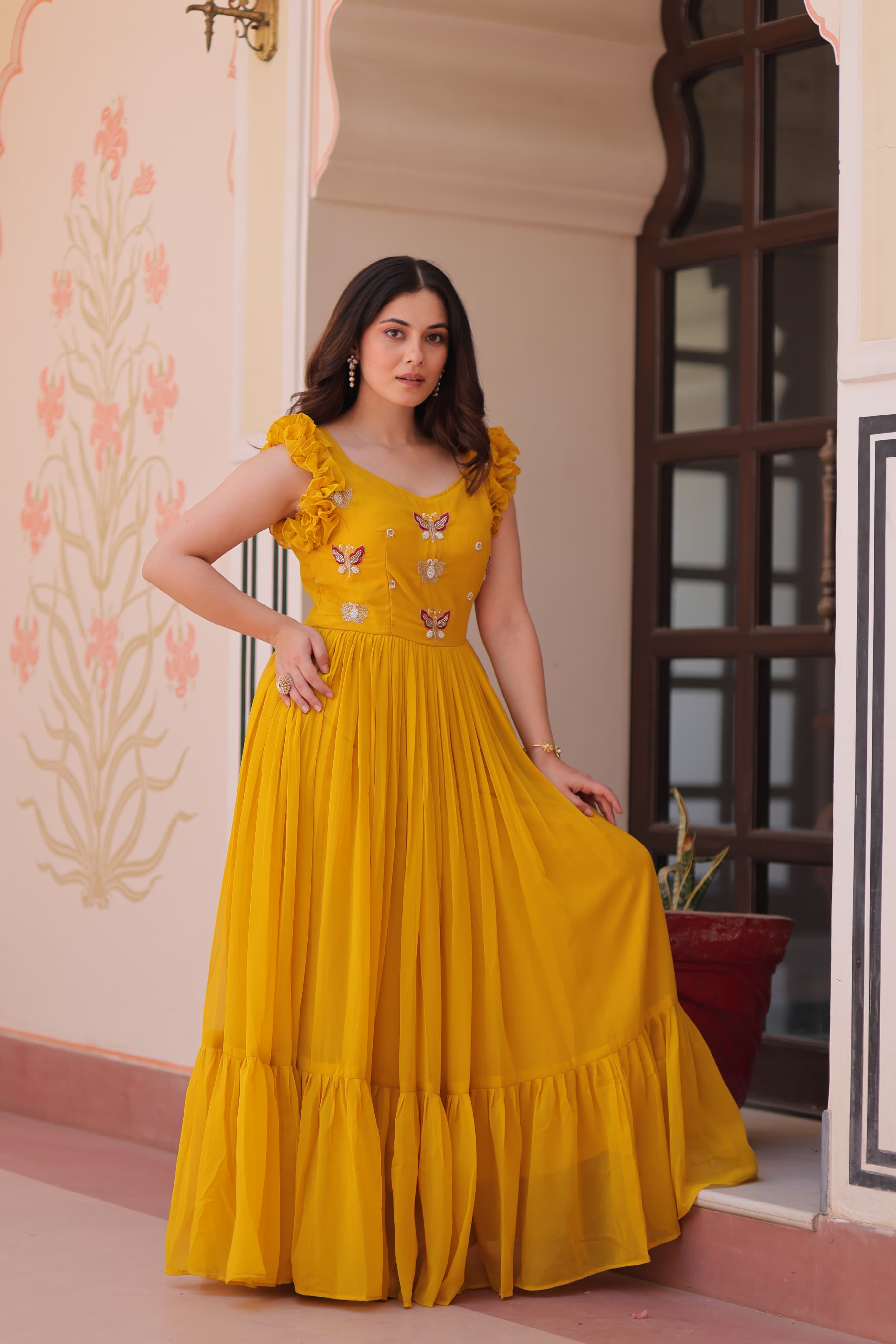 Womenline Yellow Color Faux Blooming Embroidered work Gown