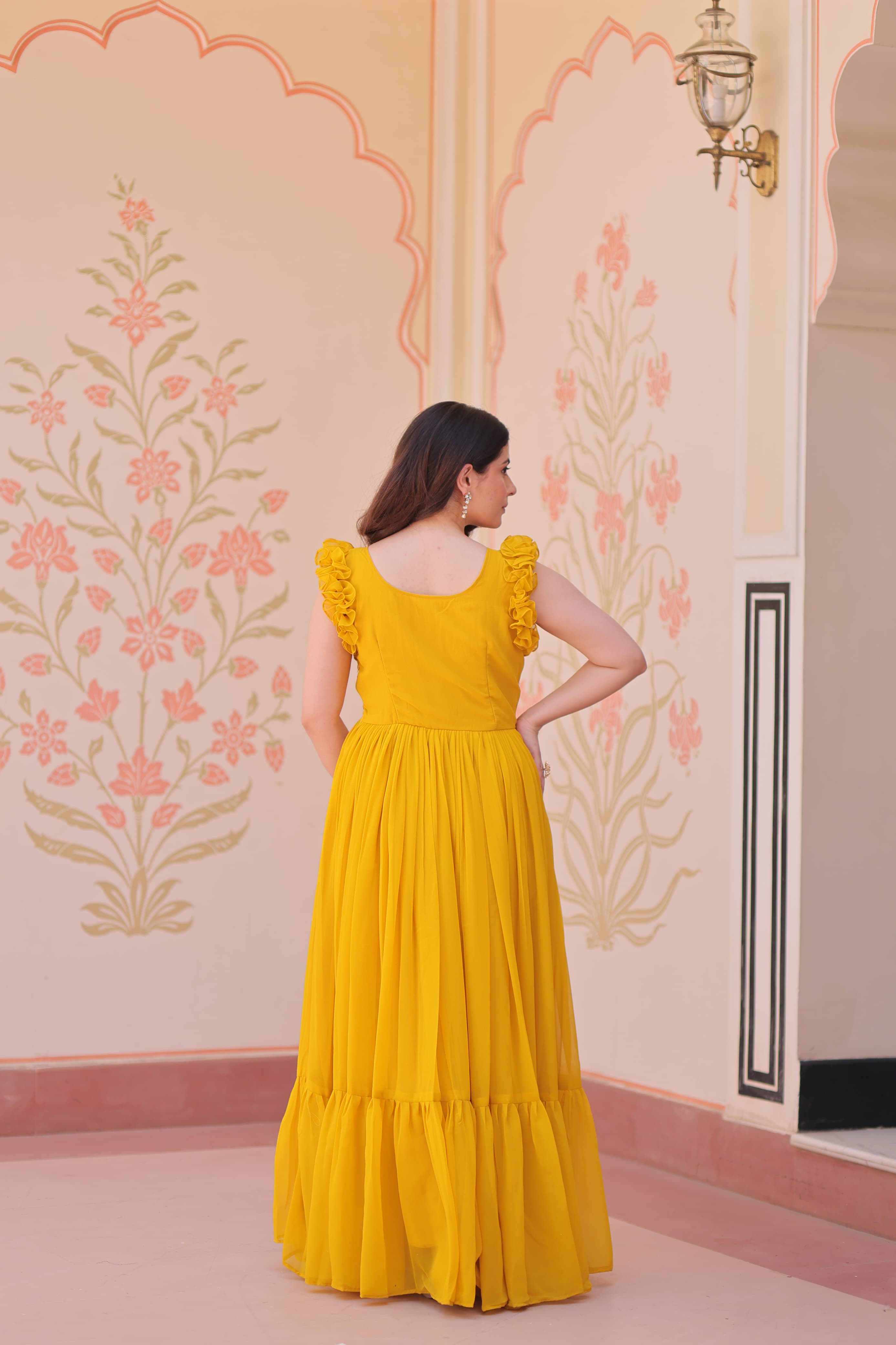 Womenline Yellow Color Faux Blooming Embroidered work Gown