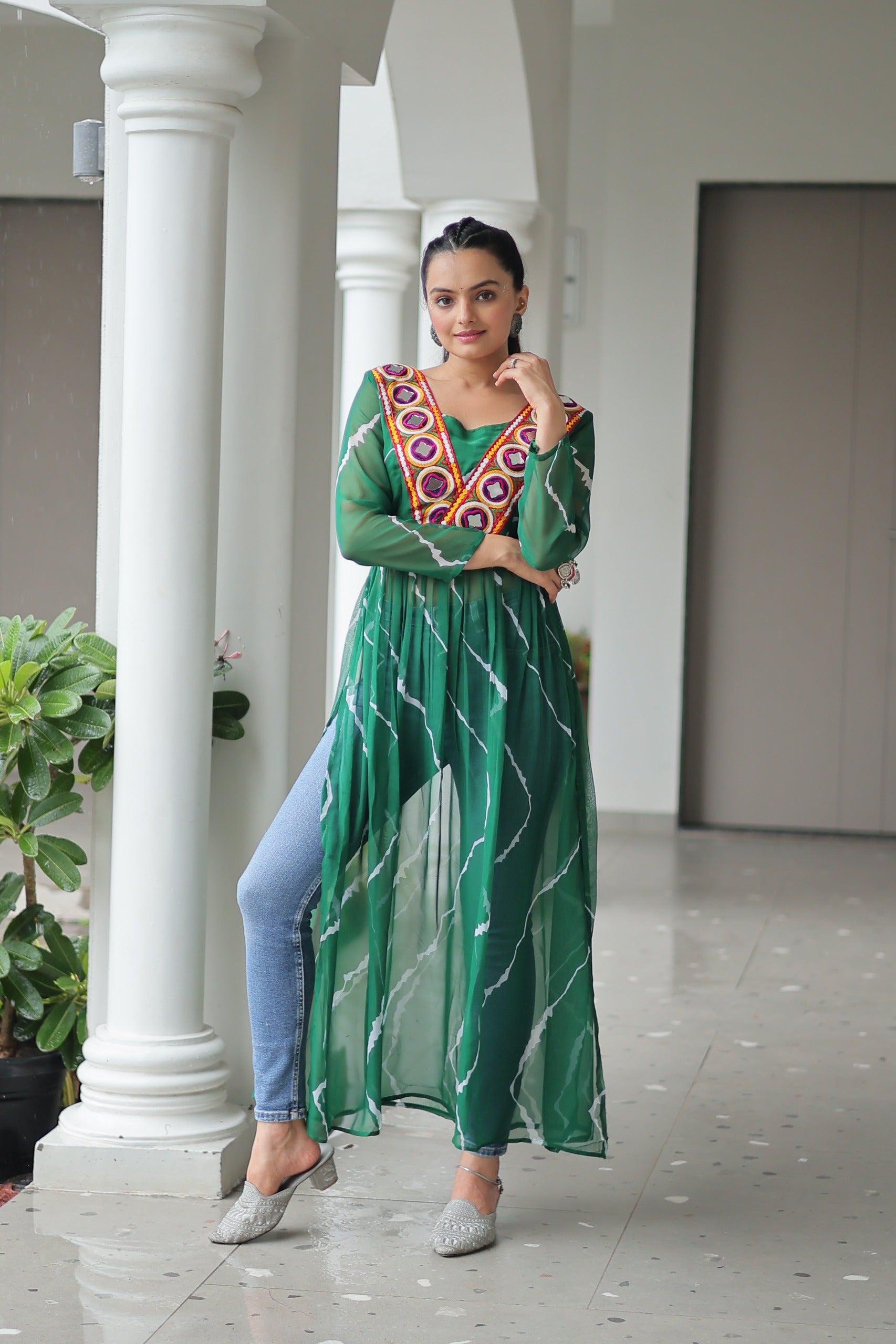 Womenline Green Color Faux Georgette Navratri Kurti