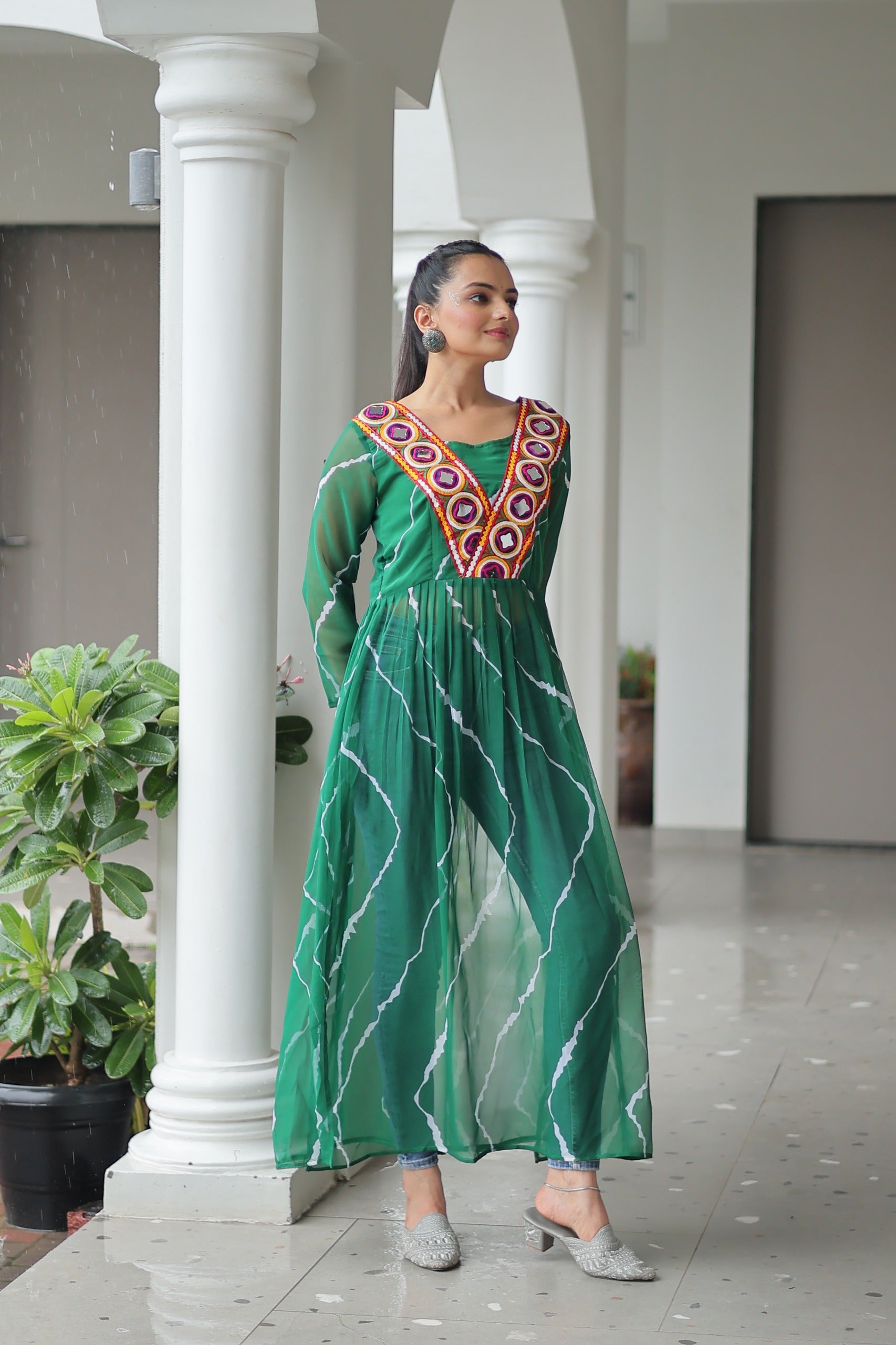 Womenline Green Color Faux Georgette Navratri Kurti