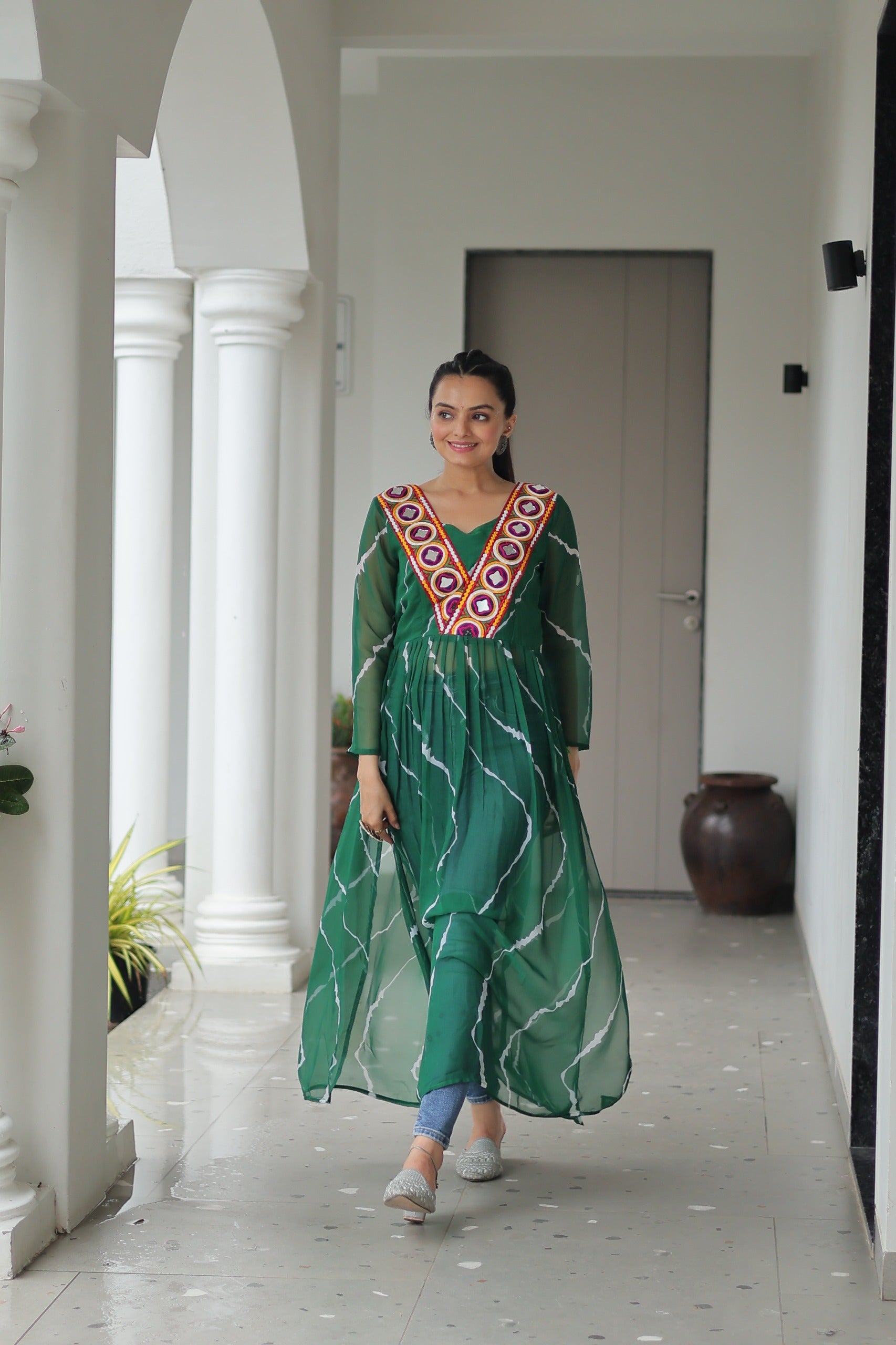 Womenline Green Color Faux Georgette Navratri Kurti