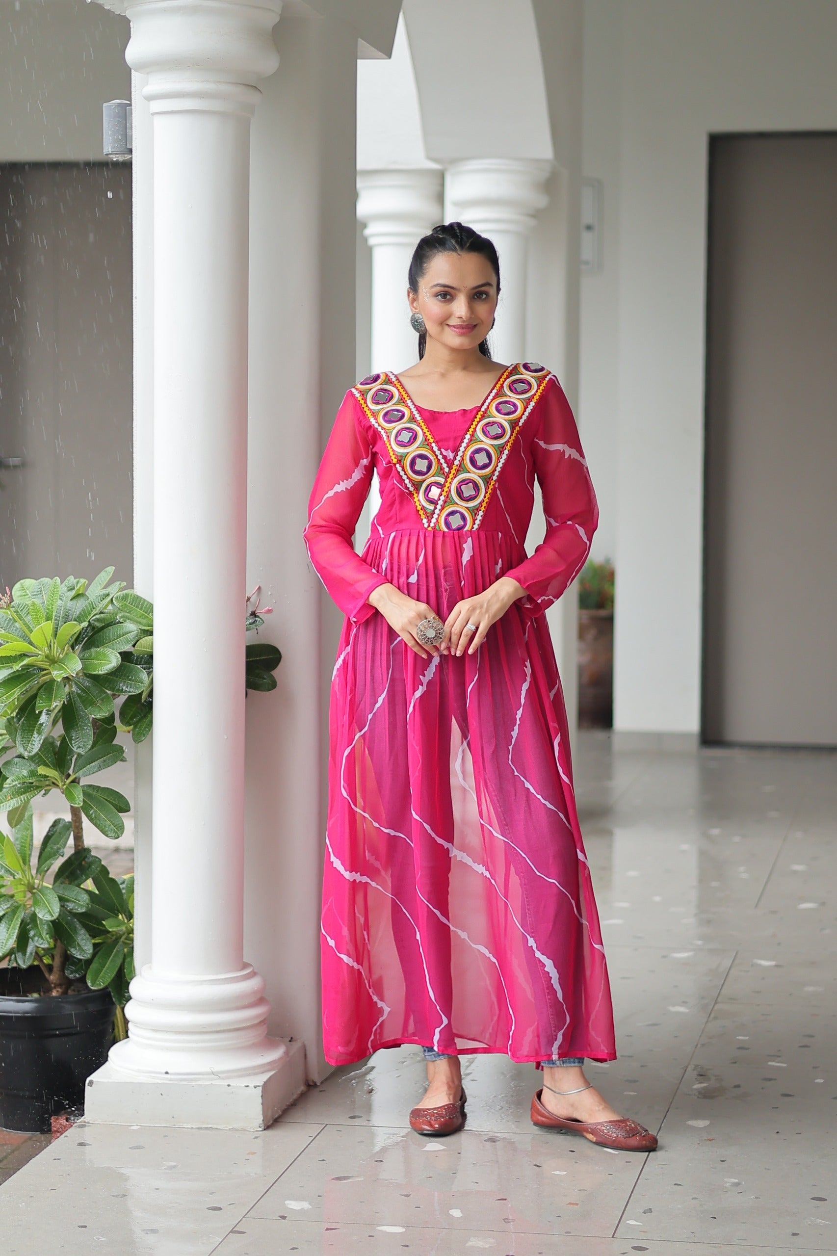 Womenline Pink Color Faux Georgette Navratri Kurti