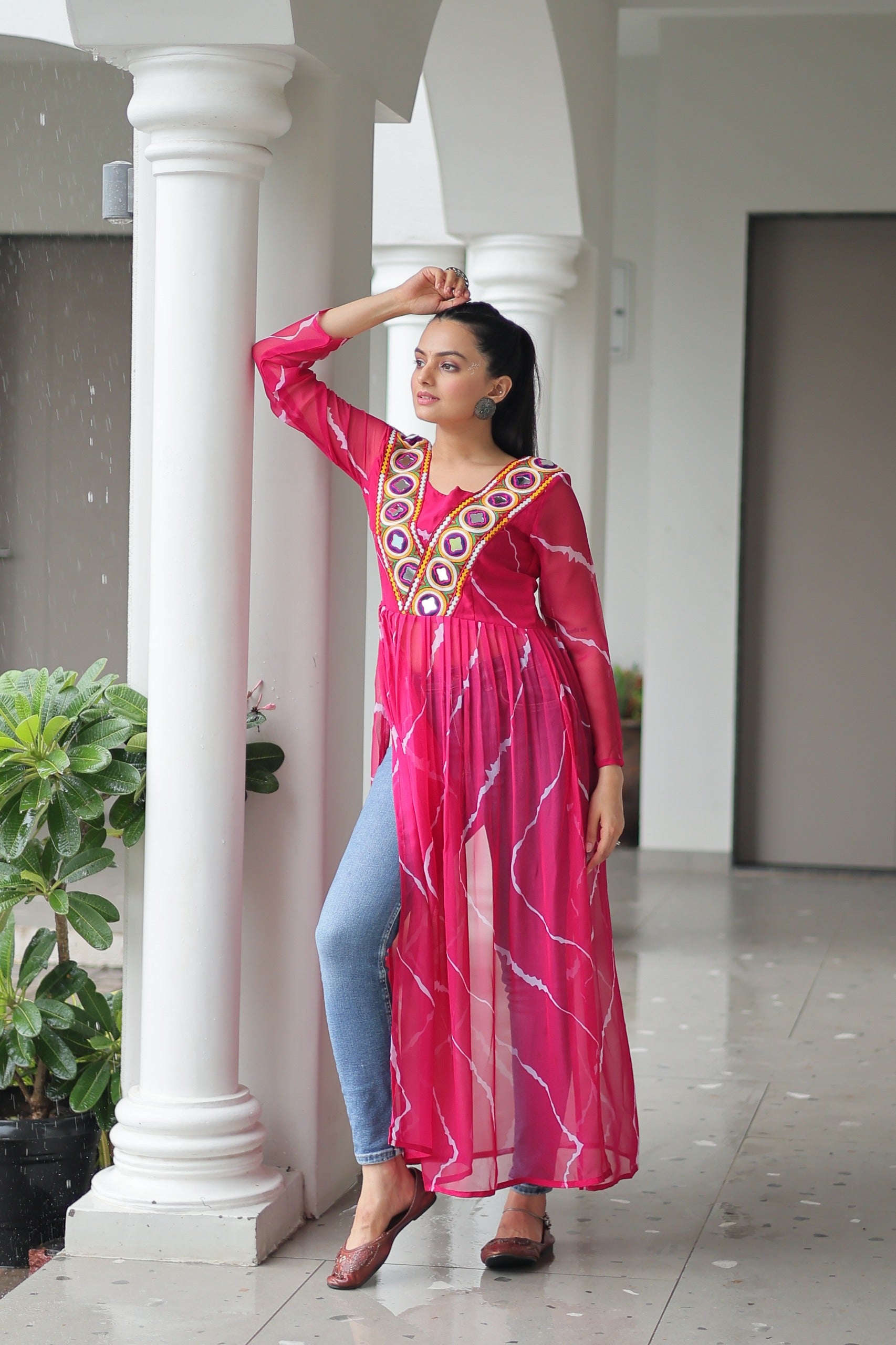 Womenline Pink Color Faux Georgette Navratri Kurti