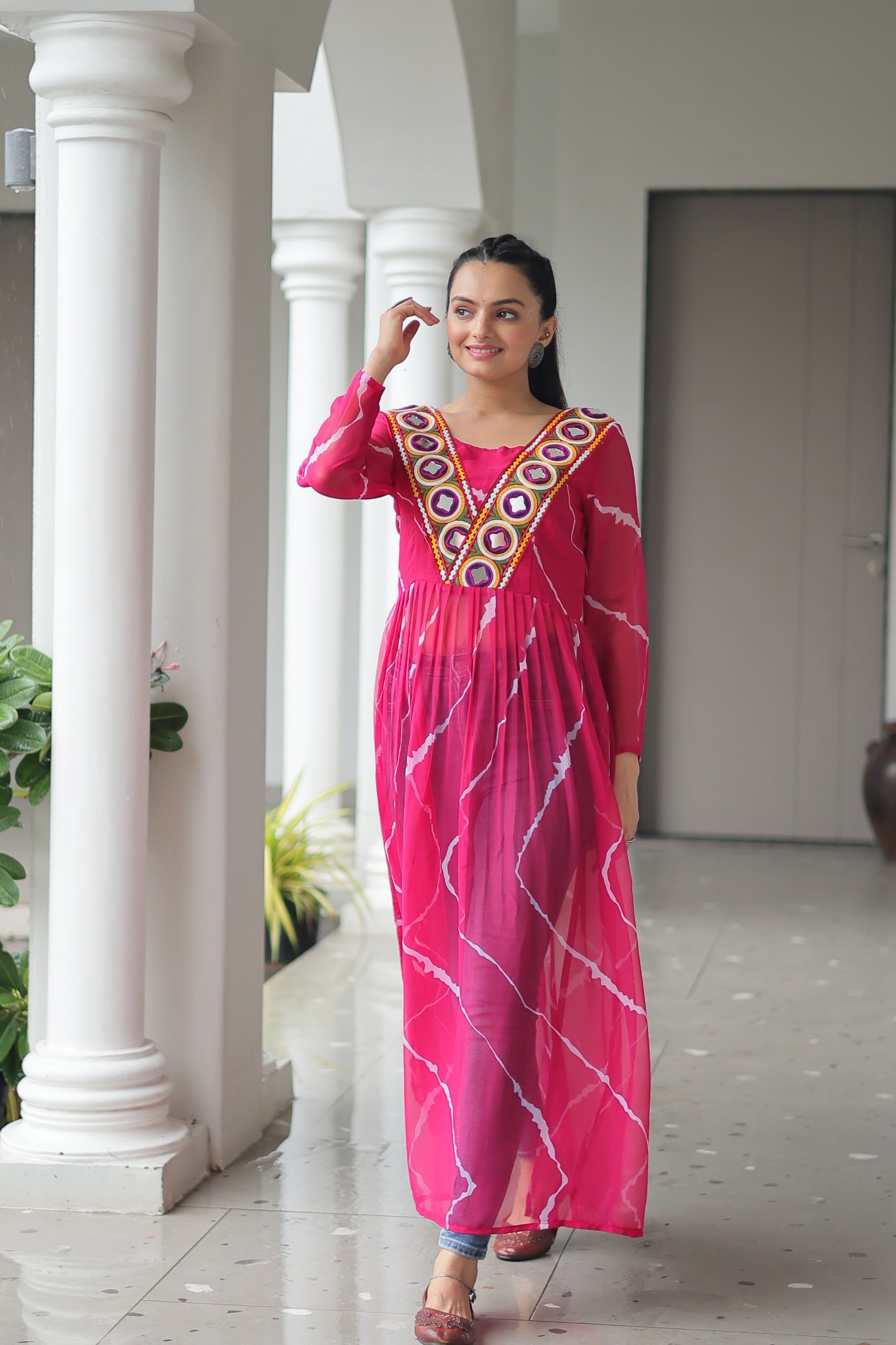 Womenline Pink Color Faux Georgette Navratri Kurti