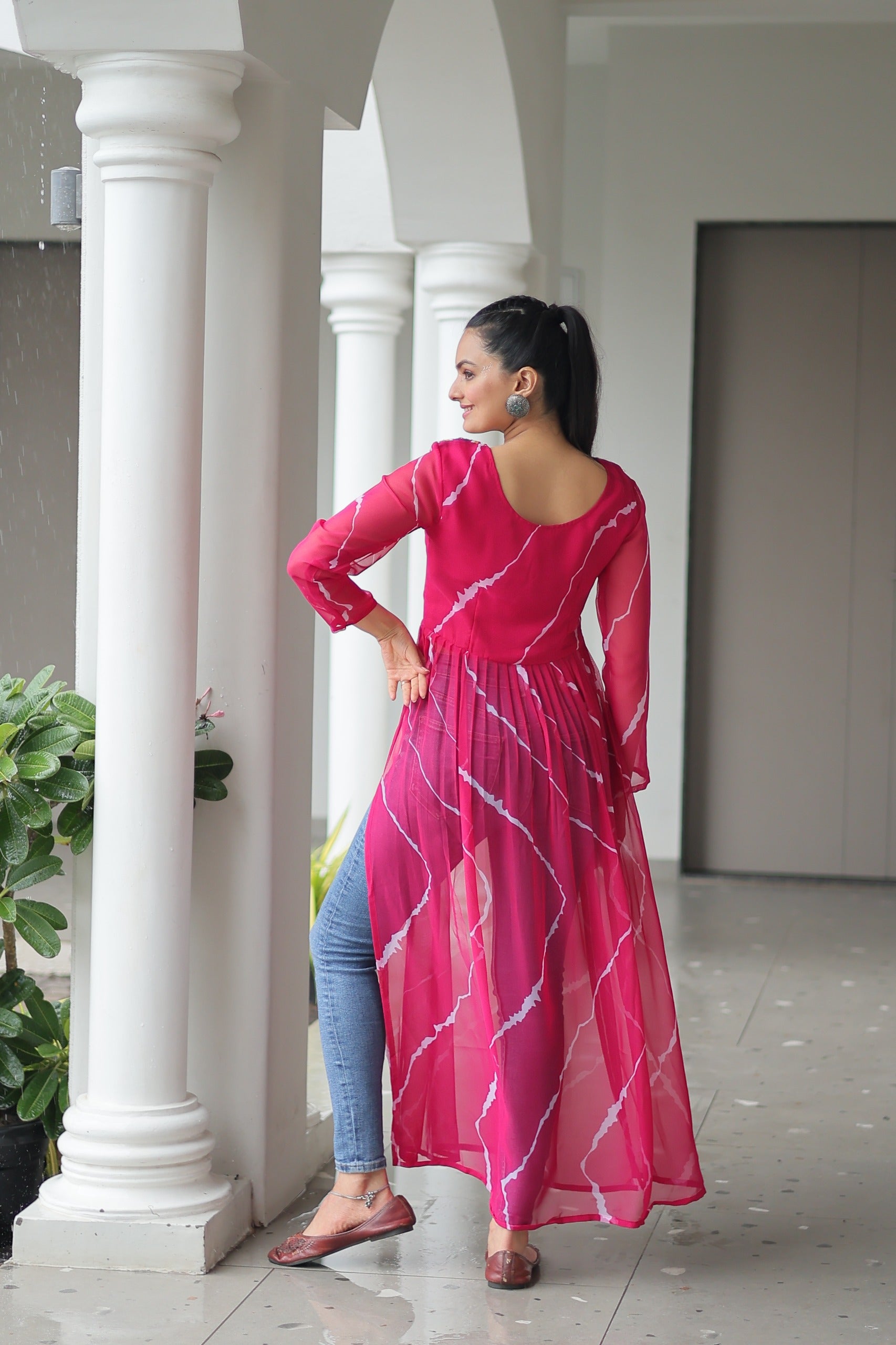 Womenline Pink Color Faux Georgette Navratri Kurti