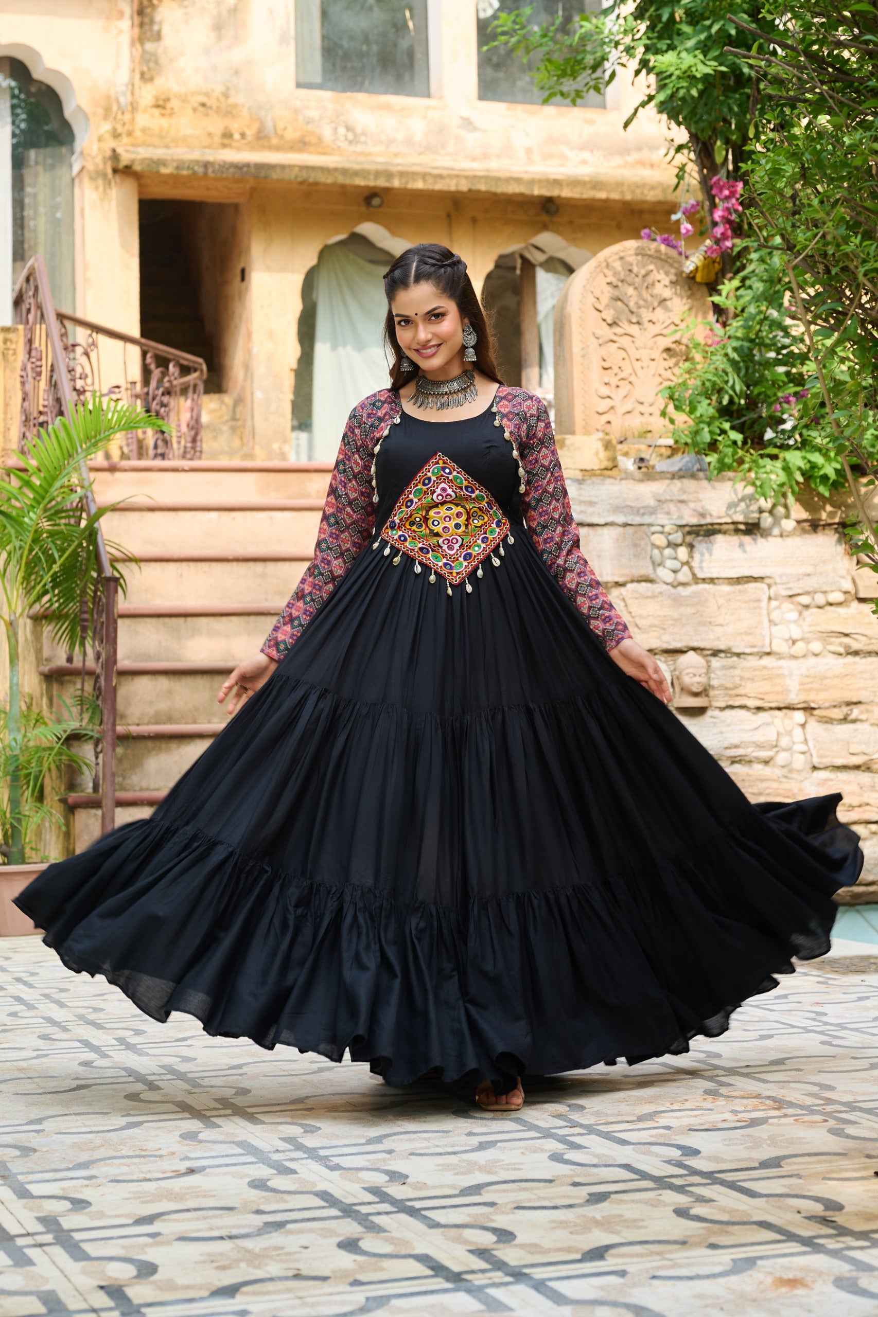 Womenline Black Color Reyon Navratri Gown