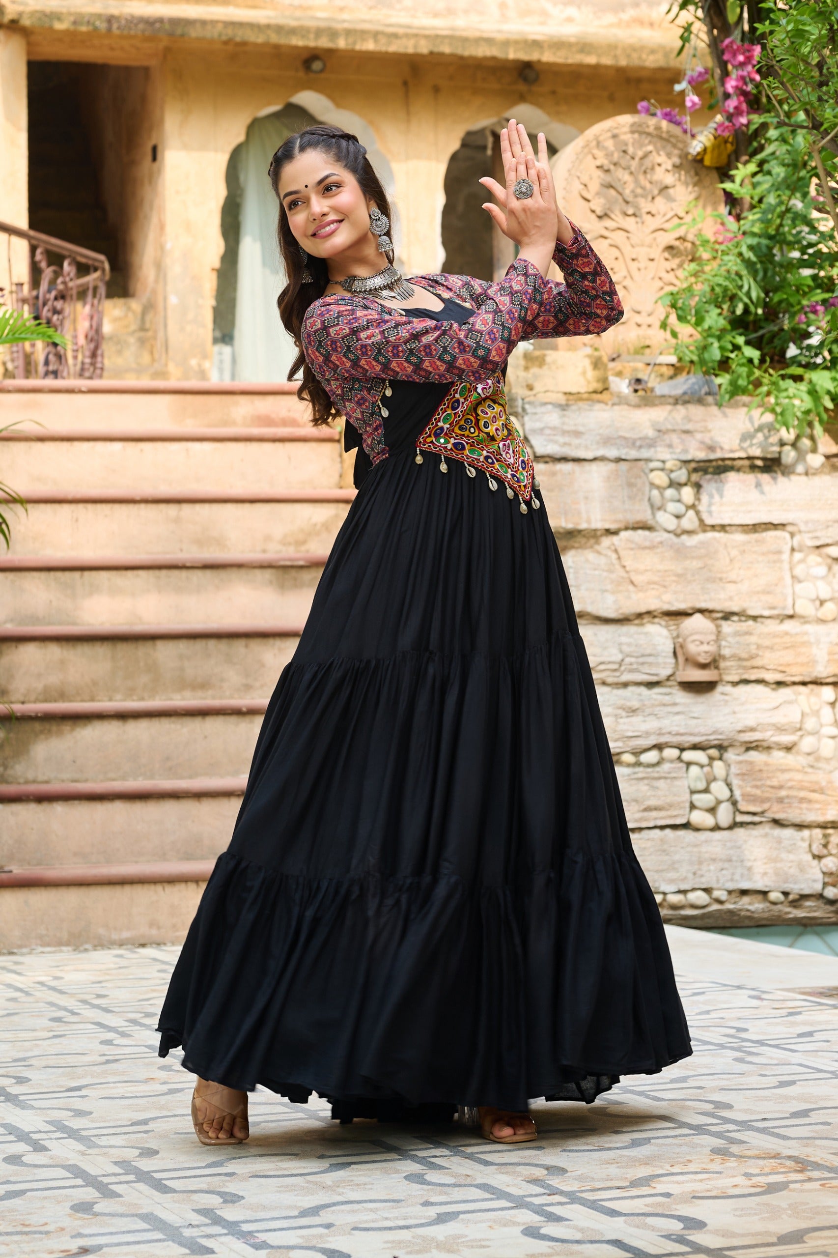 Womenline Black Color Reyon Navratri Gown