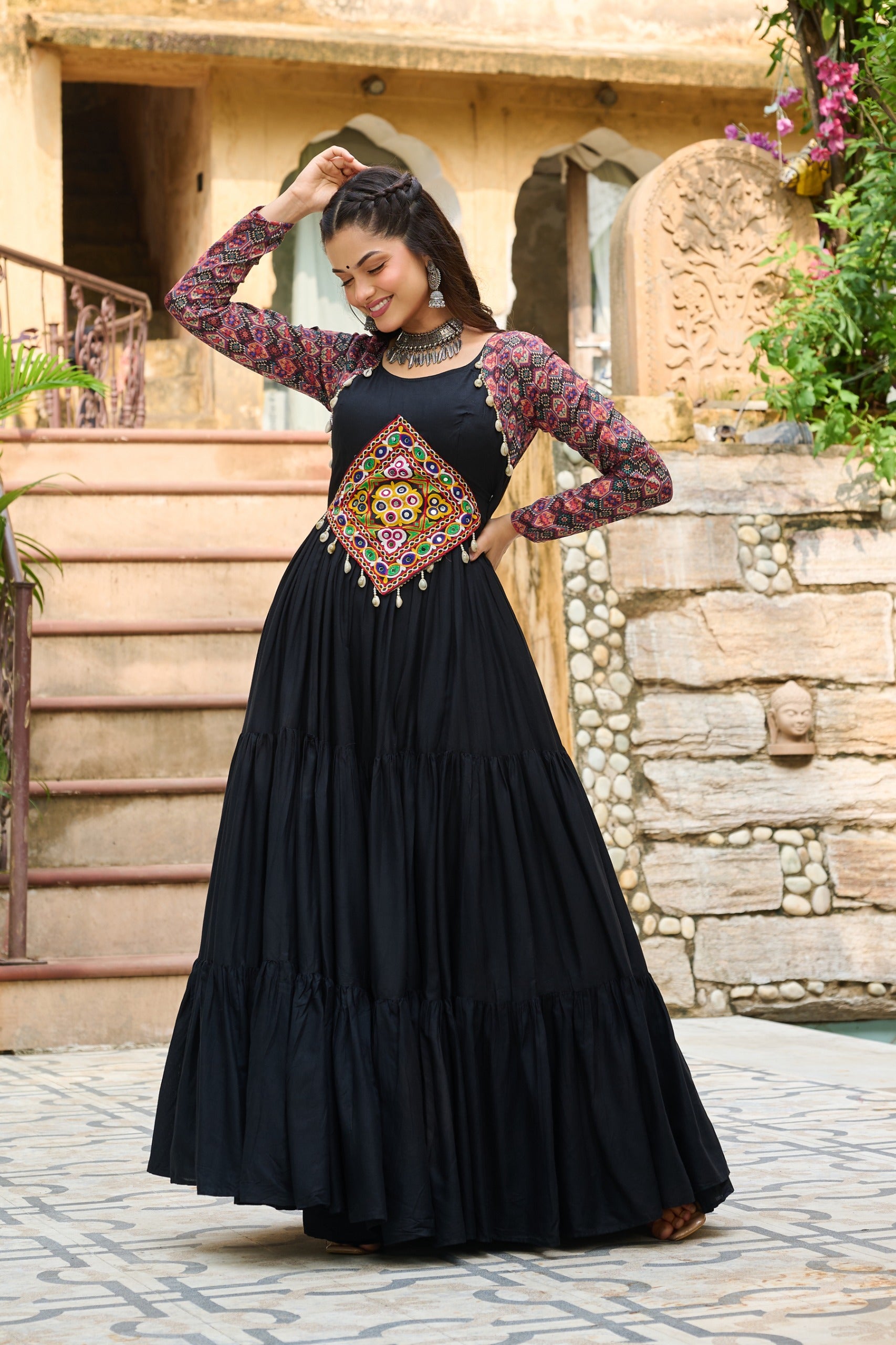 Womenline Black Color Reyon Navratri Gown