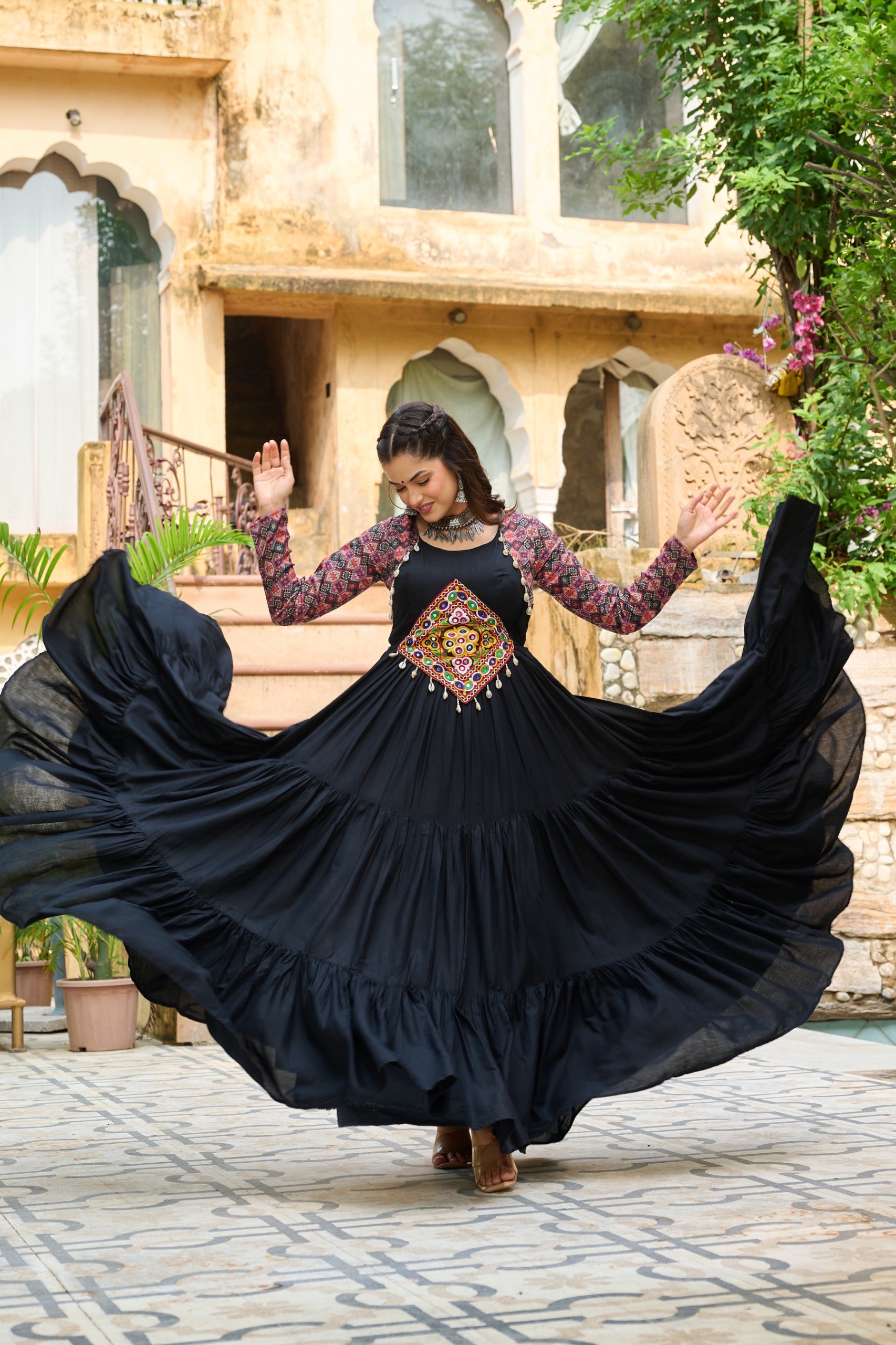 Womenline Black Color Reyon Navratri Gown