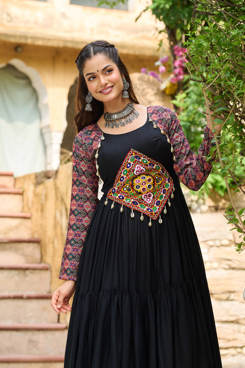 Womenline Black Color Reyon Navratri Gown