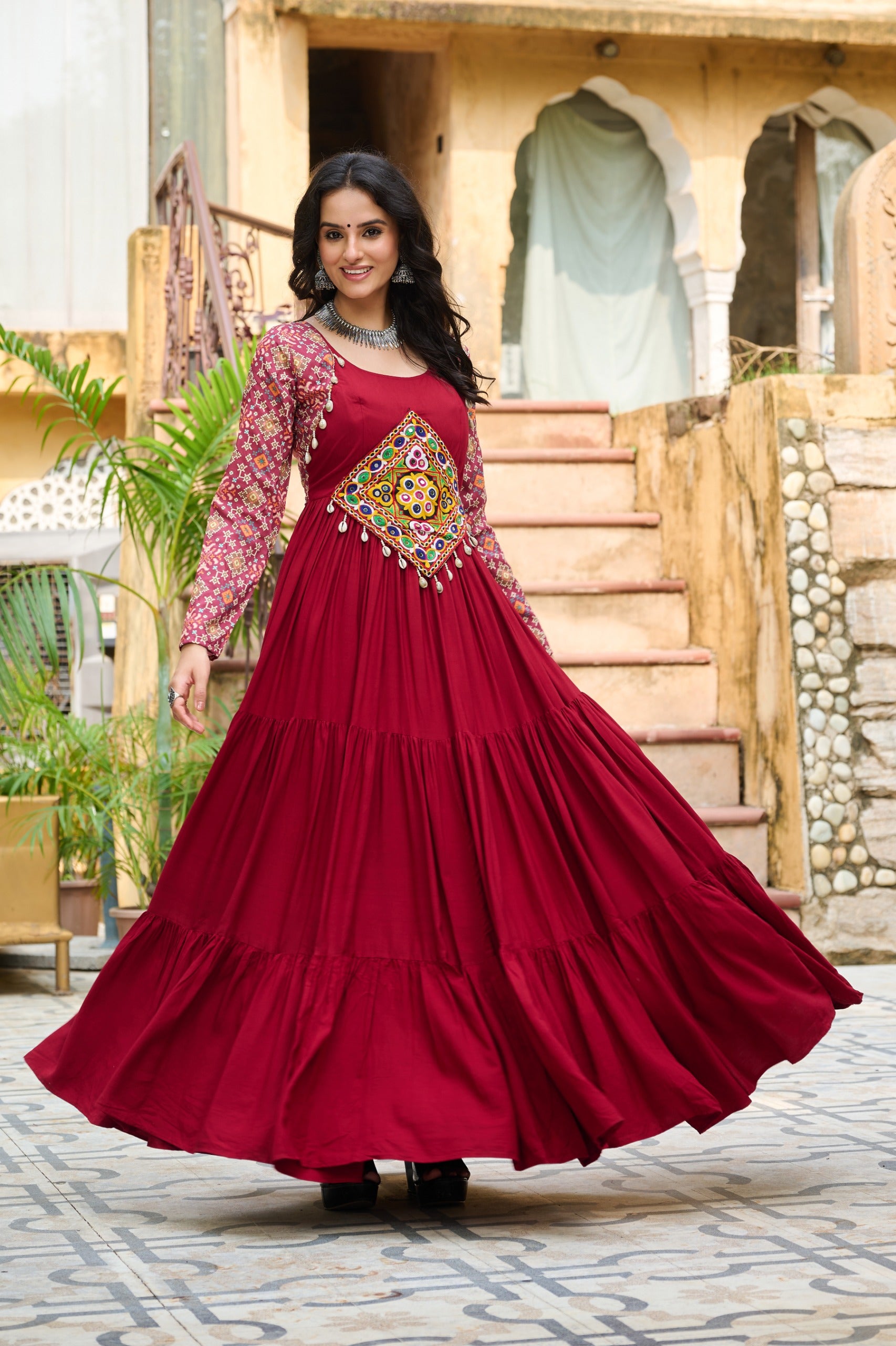 Womenline Maroon Color Reyon Navratri Gown