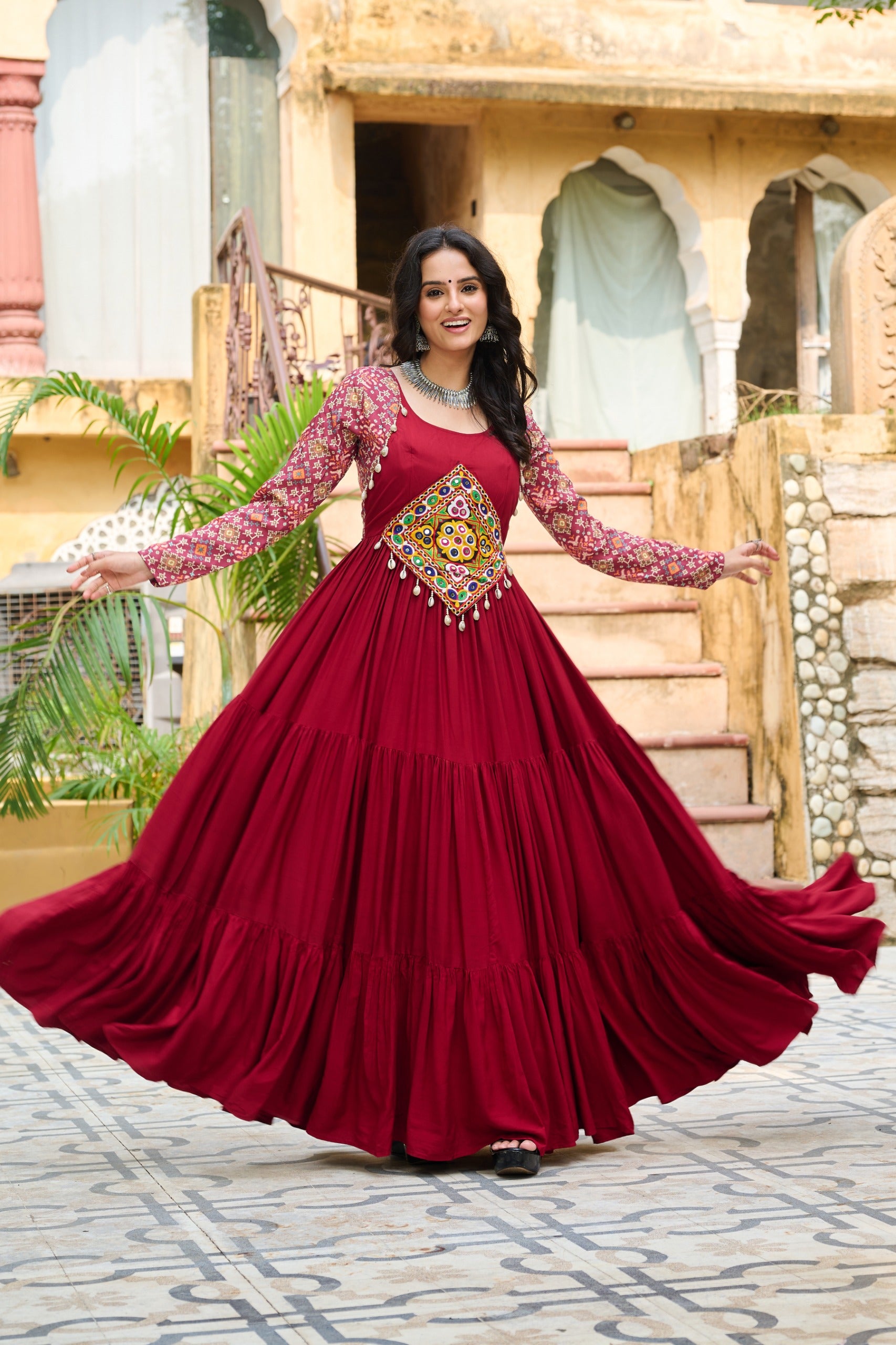 Womenline Maroon Color Reyon Navratri Gown