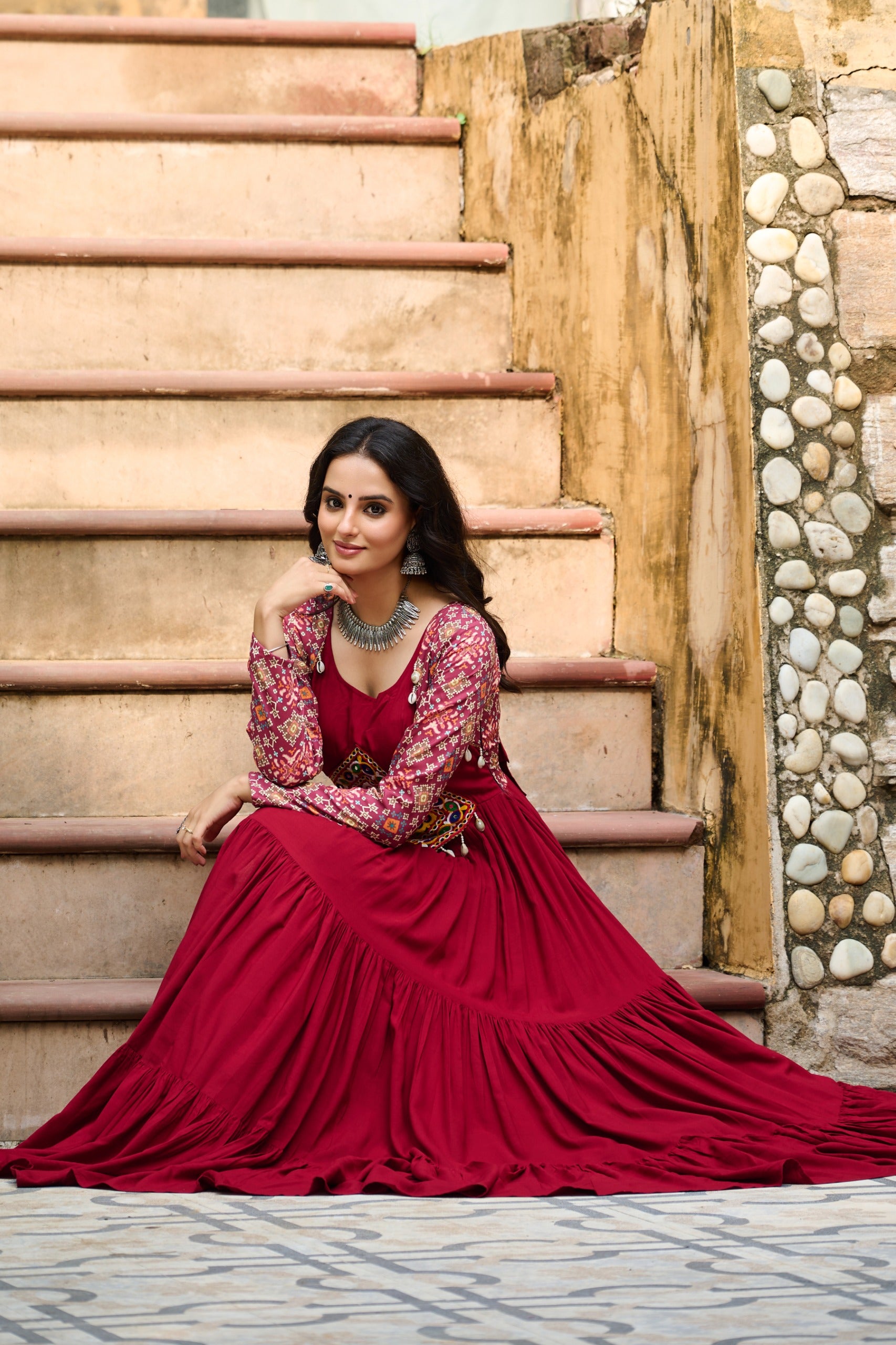 Womenline Maroon Color Reyon Navratri Gown